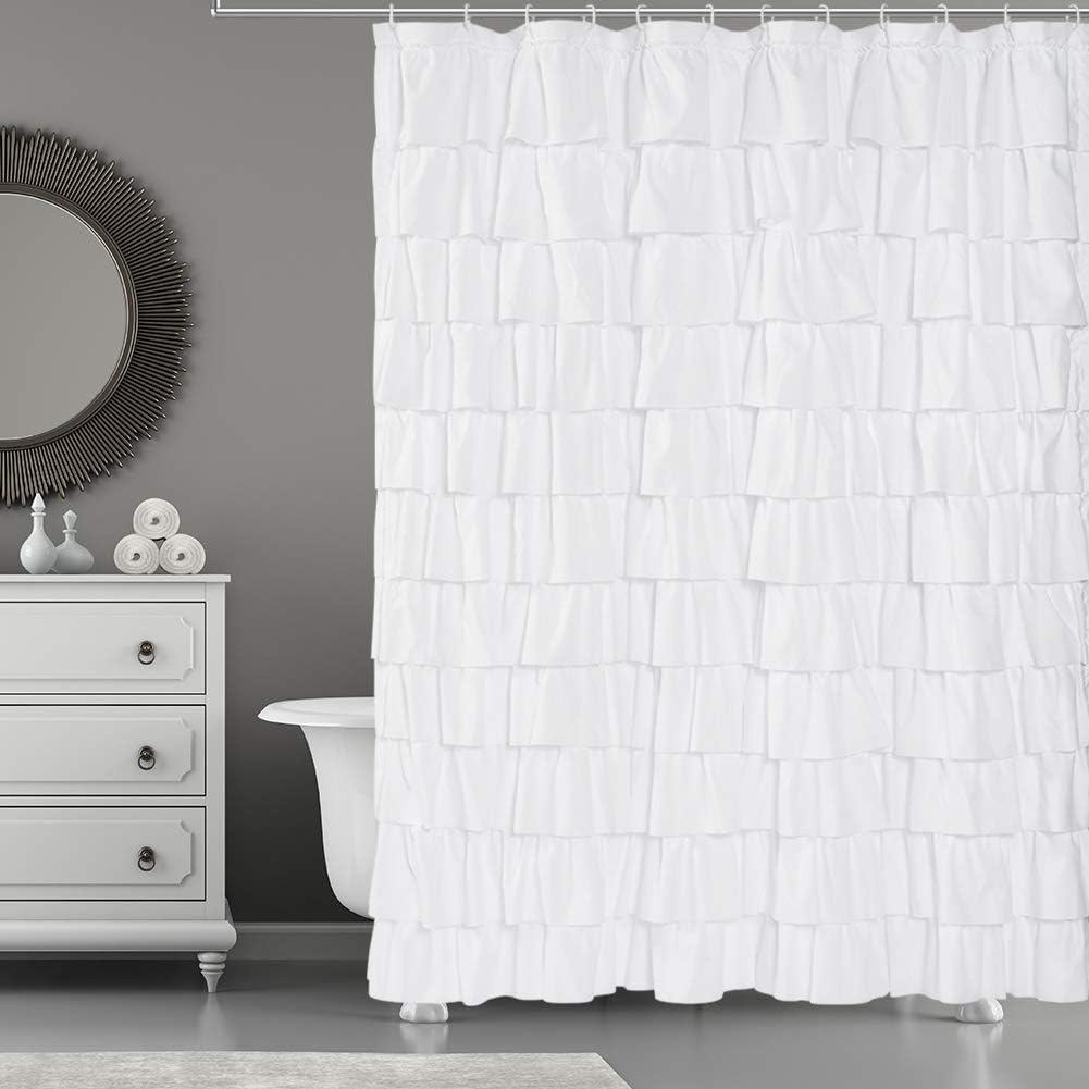 White Ruffle Shower Curtain - Farmhouse Cloth Bathroom 72 x 72 Inches Texture Fashion, Double Layer Fabric, not See Through.