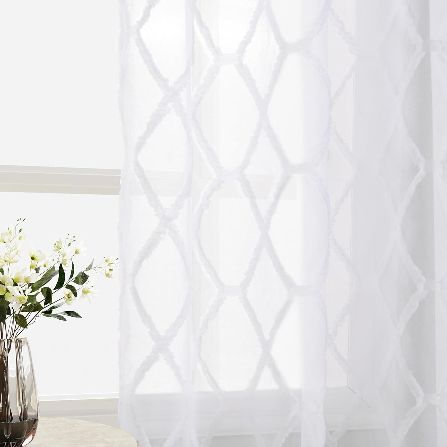 Beige Sheer Curtains 84 Inches Long for Living Room Rod Pocket Back Tab Sand Taupe Tan Semi Sheer Curtain Geometric Embroidered Tuft Pom Textured Drapes Earth Tone Farmhouse Rustic Bedroom Nursery