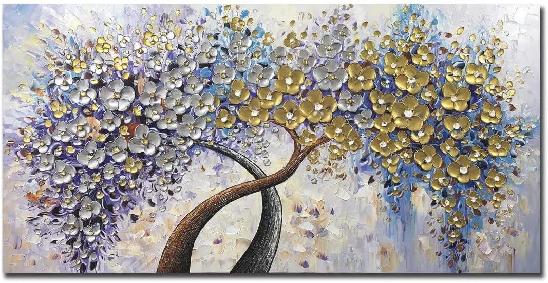 V-inspire Art,30x60 Inch Modern 3D Hand Painted Lucky Flower Tree Oil Paintings Acrylic Painted Wood Frame Decoration Abstract Canvas Wall Art Living Room Bedroom Dining Room Home Ornament