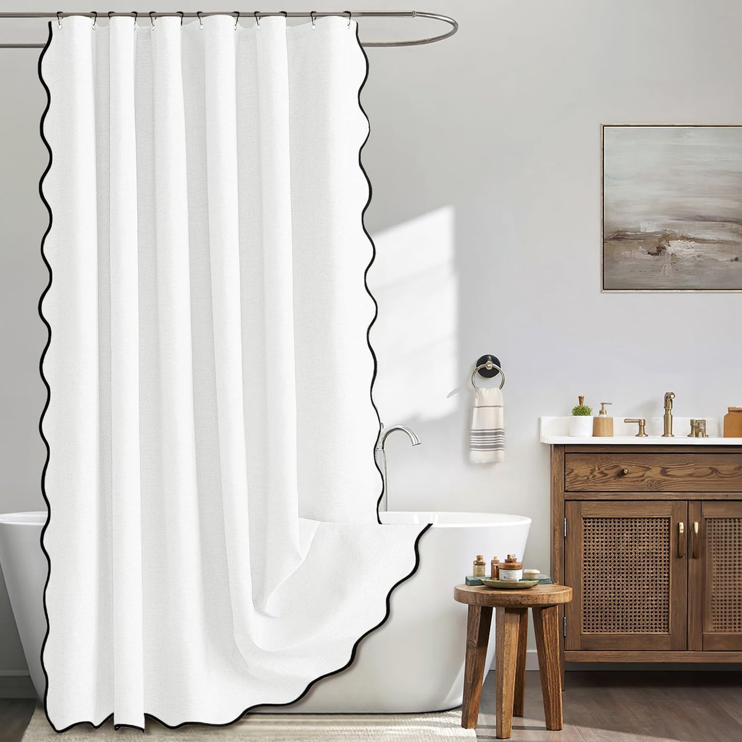 MIULEE Beige Scalloped Shower Curtain Linen Textured with 12 Metal Hooks Cute Heavy Duty Washable Waterproof Neutral Thick Cloth Shower Curtains with Black Border for Bathroom Hotel Bathtub,W72*L72