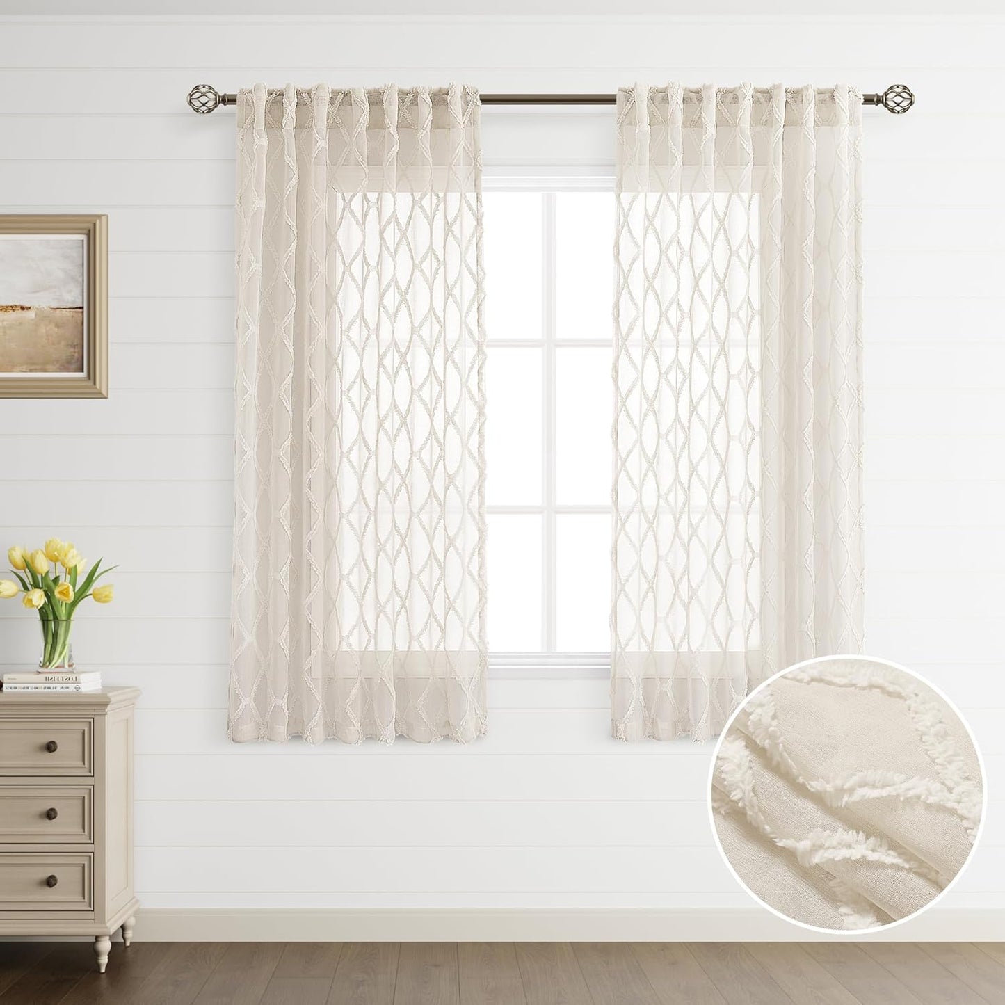 Beige Sheer Curtains 84 Inches Long for Living Room Rod Pocket Back Tab Sand Taupe Tan Semi Sheer Curtain Geometric Embroidered Tuft Pom Textured Drapes Earth Tone Farmhouse Rustic Bedroom Nursery
