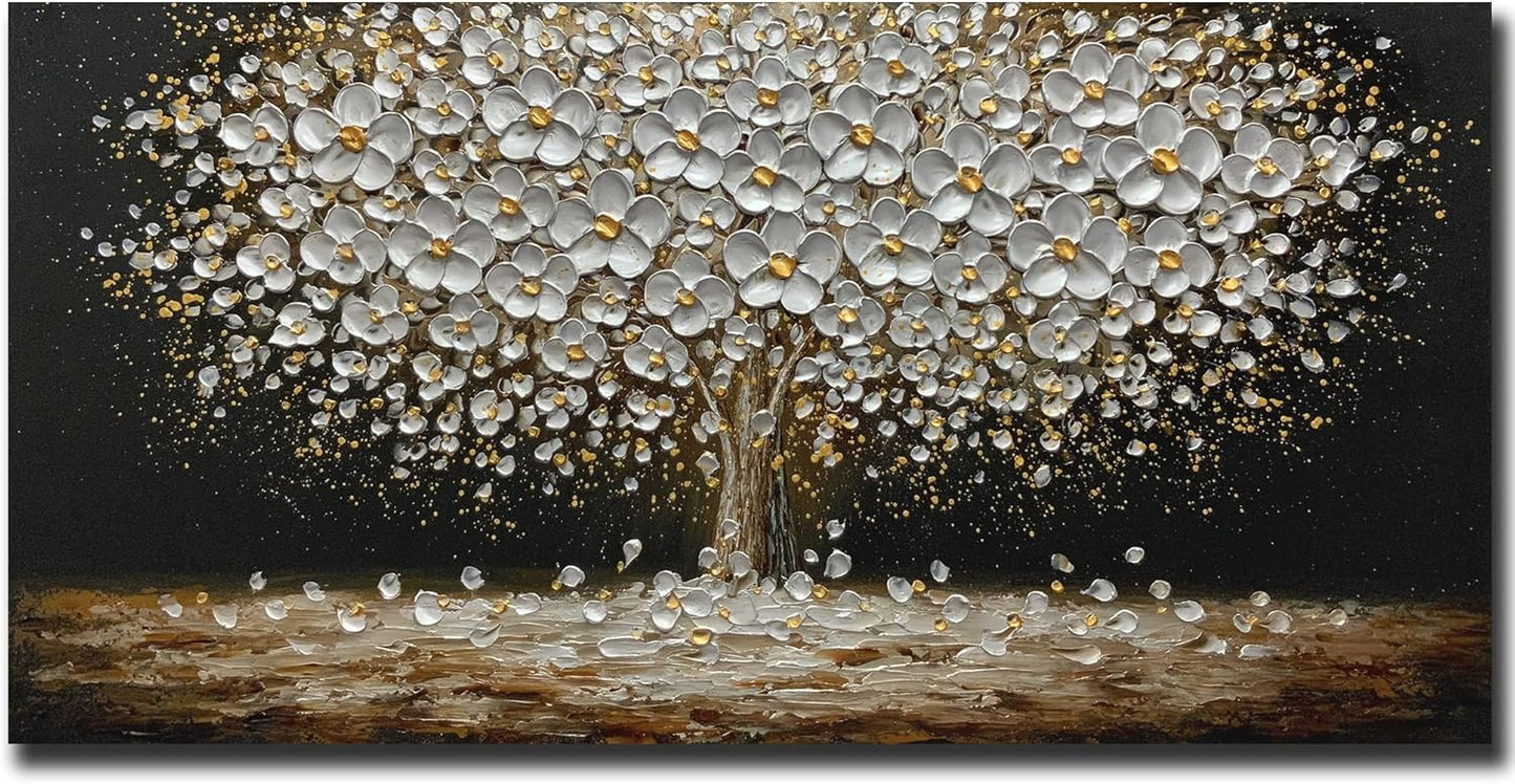 Art8YuQi Paintings - Contemporary Abstract Art Oil Painting On Canvas Texture 3D Golden Tree Gary Painting Handmade Artwork Picture Canvas Wall Art Modern Home Decor living room Ready to Hang