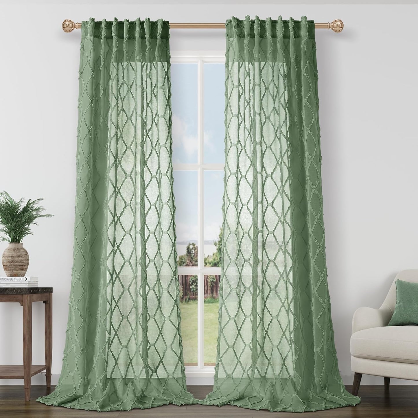 Beige Sheer Curtains 84 Inches Long for Living Room Rod Pocket Back Tab Sand Taupe Tan Semi Sheer Curtain Geometric Embroidered Tuft Pom Textured Drapes Earth Tone Farmhouse Rustic Bedroom Nursery
