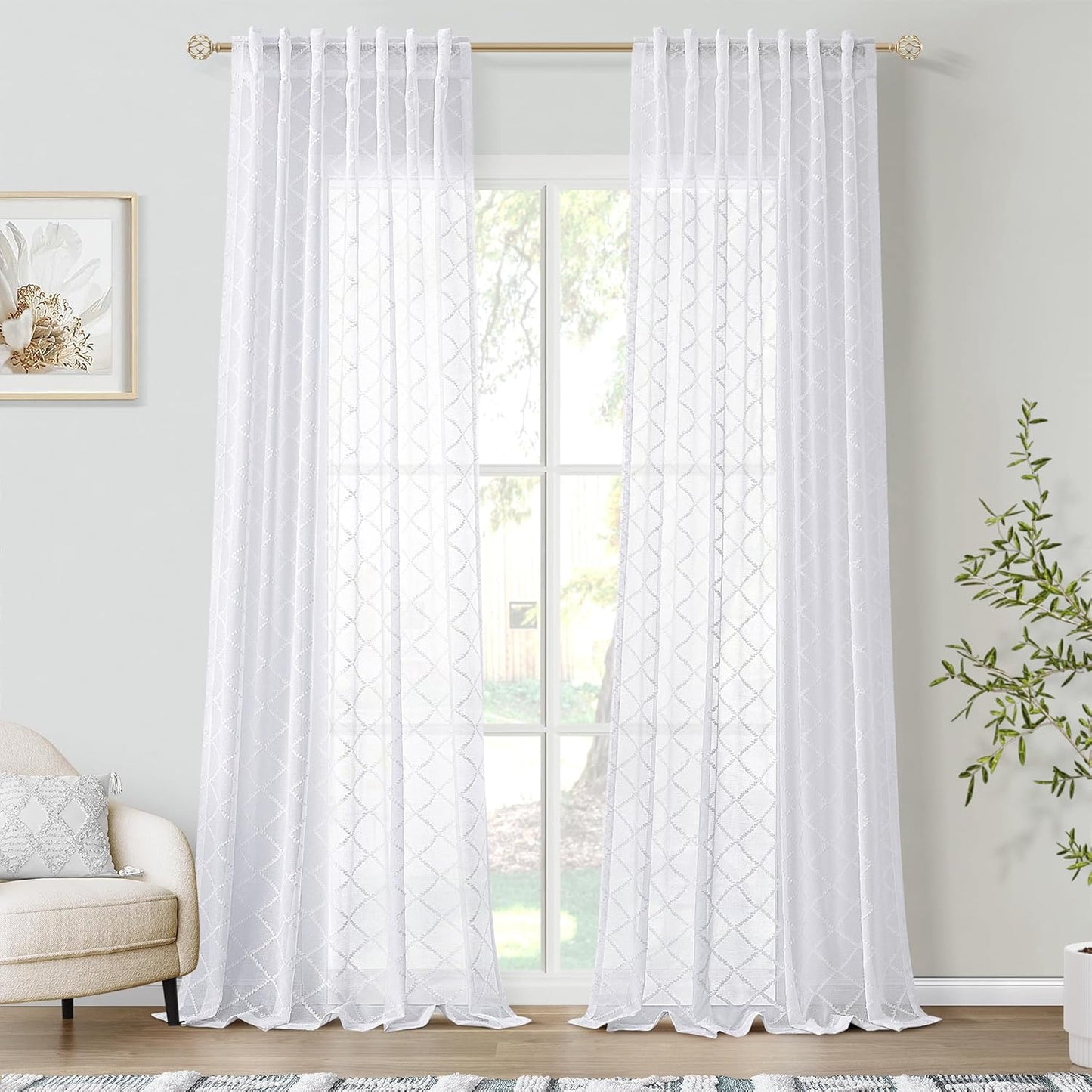 Beige Sheer Curtains 84 Inches Long for Living Room Rod Pocket Back Tab Sand Taupe Tan Semi Sheer Curtain Geometric Embroidered Tuft Pom Textured Drapes Earth Tone Farmhouse Rustic Bedroom Nursery