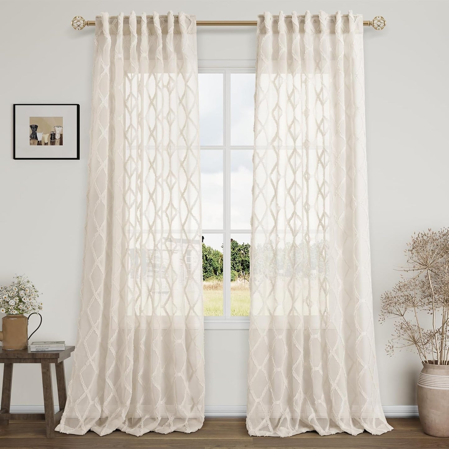 Beige Sheer Curtains 84 Inches Long for Living Room Rod Pocket Back Tab Sand Taupe Tan Semi Sheer Curtain Geometric Embroidered Tuft Pom Textured Drapes Earth Tone Farmhouse Rustic Bedroom Nursery