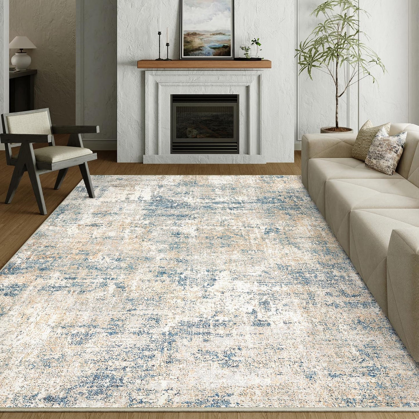 Washable Brown Area Rug 8x10 Modern Abstract Living Room Large Carpet Bedroom Neutral Soft Throw Rug Low Pile Non Slip Indoor Contemporary Floor Cover for Dining Room Office