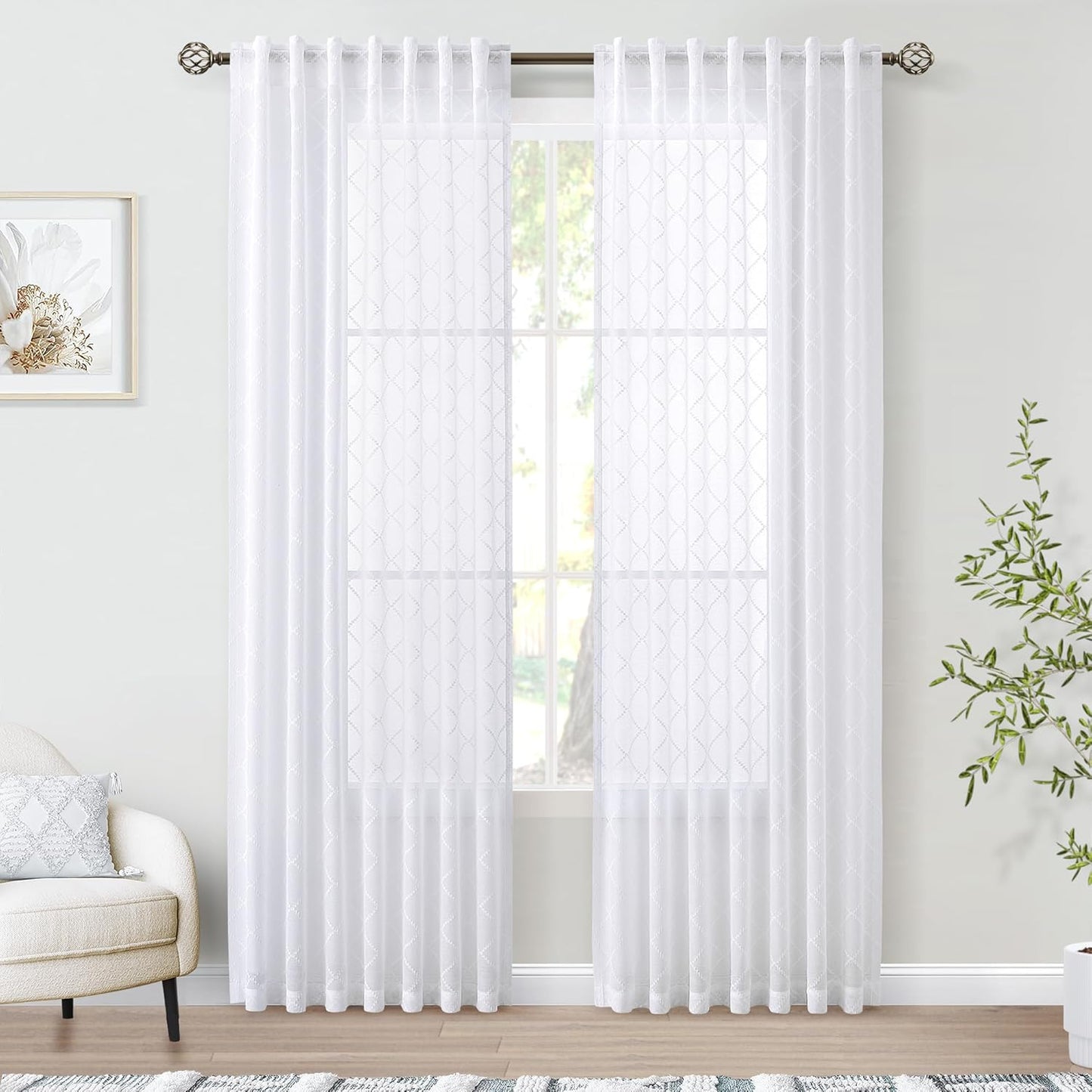 Beige Sheer Curtains 84 Inches Long for Living Room Rod Pocket Back Tab Sand Taupe Tan Semi Sheer Curtain Geometric Embroidered Tuft Pom Textured Drapes Earth Tone Farmhouse Rustic Bedroom Nursery