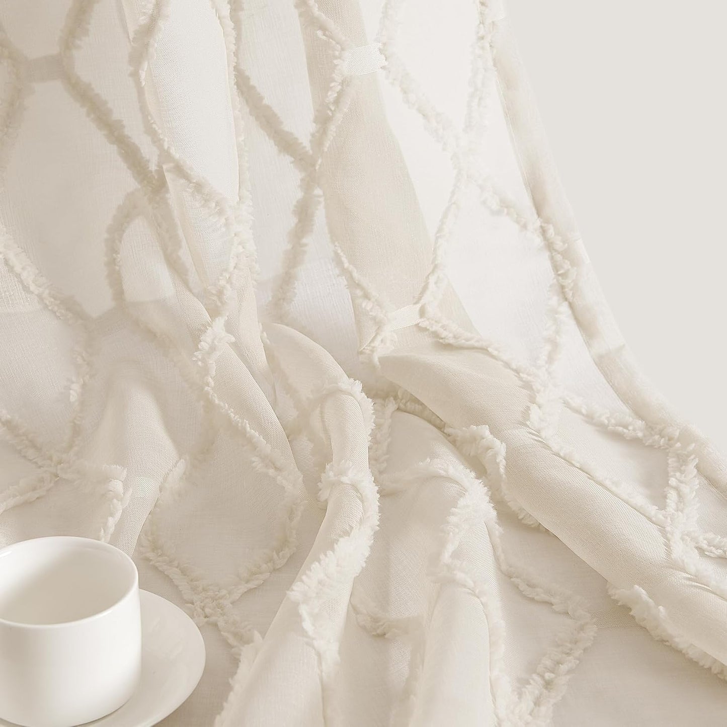 Beige Sheer Curtains 84 Inches Long for Living Room Rod Pocket Back Tab Sand Taupe Tan Semi Sheer Curtain Geometric Embroidered Tuft Pom Textured Drapes Earth Tone Farmhouse Rustic Bedroom Nursery