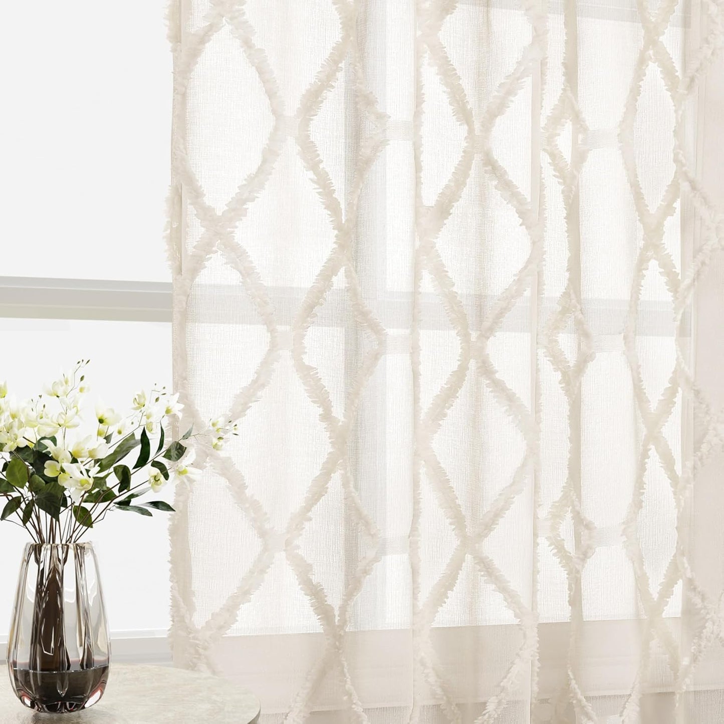 Beige Sheer Curtains 84 Inches Long for Living Room Rod Pocket Back Tab Sand Taupe Tan Semi Sheer Curtain Geometric Embroidered Tuft Pom Textured Drapes Earth Tone Farmhouse Rustic Bedroom Nursery