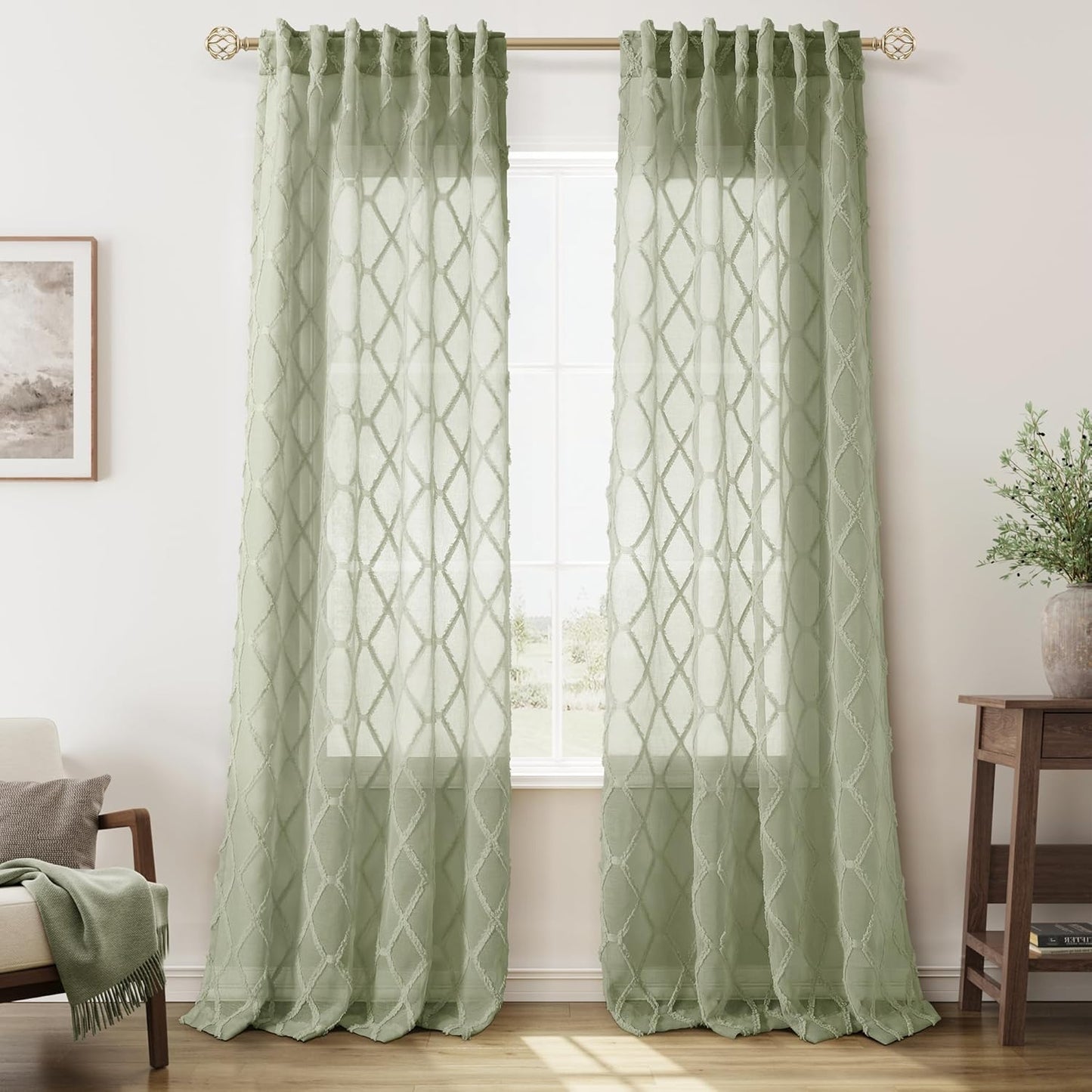 Beige Sheer Curtains 84 Inches Long for Living Room Rod Pocket Back Tab Sand Taupe Tan Semi Sheer Curtain Geometric Embroidered Tuft Pom Textured Drapes Earth Tone Farmhouse Rustic Bedroom Nursery