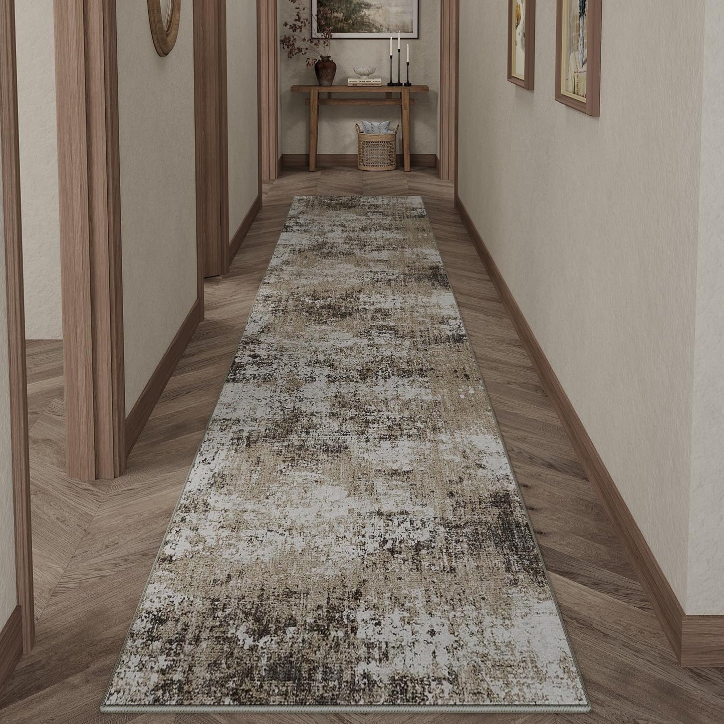 Washable Brown Area Rug 8x10 Modern Abstract Living Room Large Carpet Bedroom Neutral Soft Throw Rug Low Pile Non Slip Indoor Contemporary Floor Cover for Dining Room Office