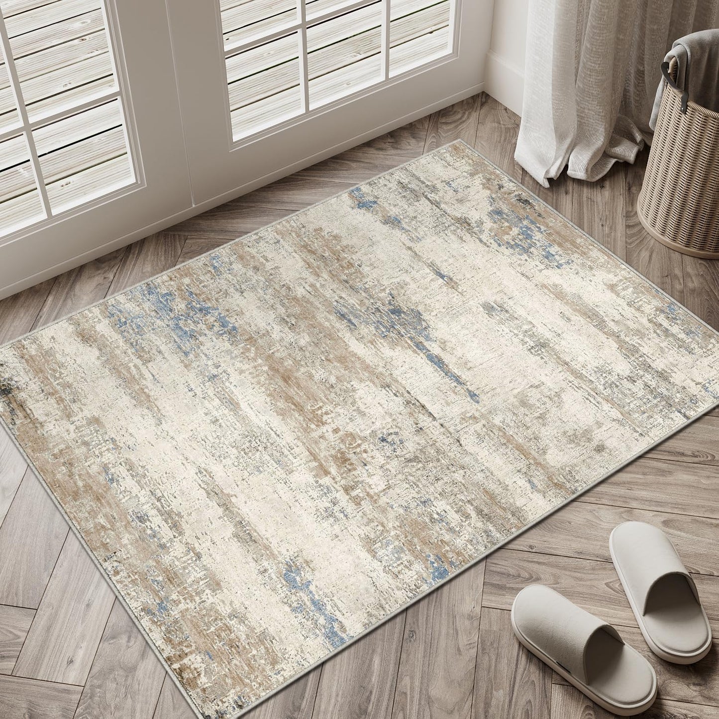 Washable Brown Area Rug 8x10 Modern Abstract Living Room Large Carpet Bedroom Neutral Soft Throw Rug Low Pile Non Slip Indoor Contemporary Floor Cover for Dining Room Office