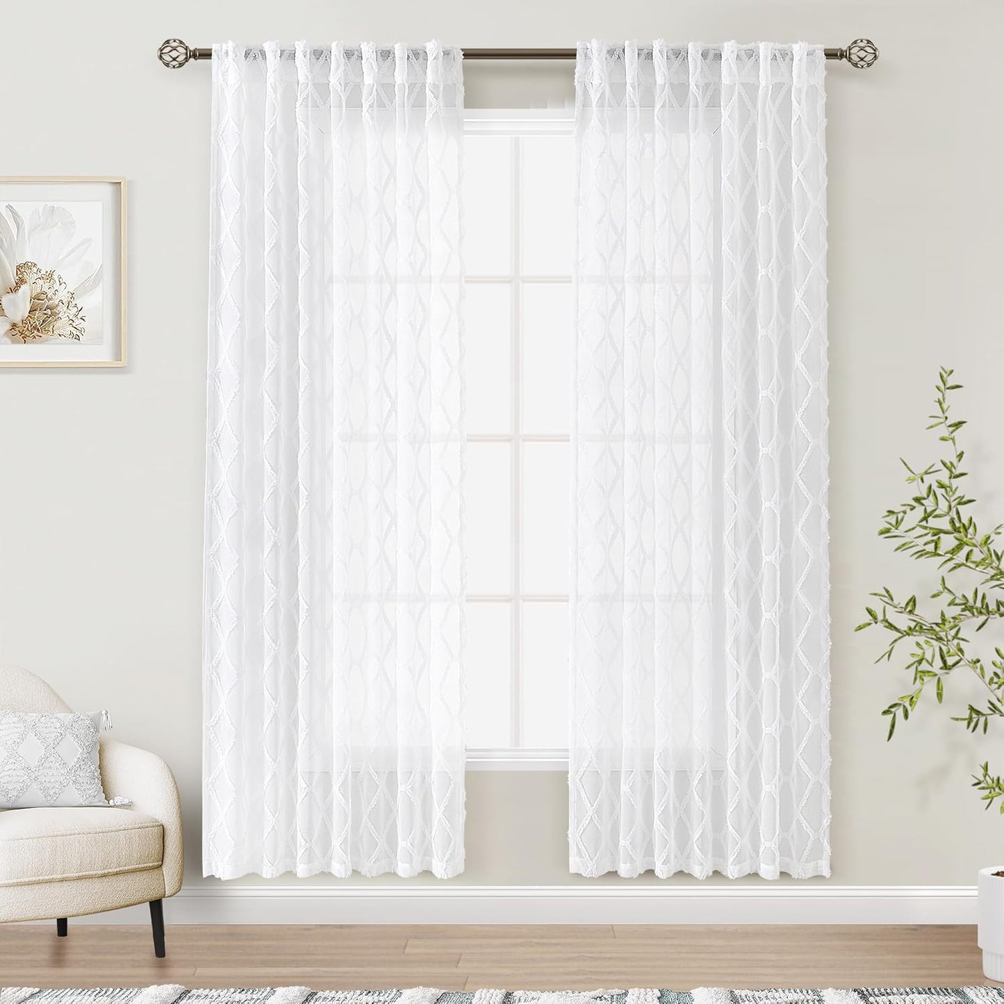 Beige Sheer Curtains 84 Inches Long for Living Room Rod Pocket Back Tab Sand Taupe Tan Semi Sheer Curtain Geometric Embroidered Tuft Pom Textured Drapes Earth Tone Farmhouse Rustic Bedroom Nursery