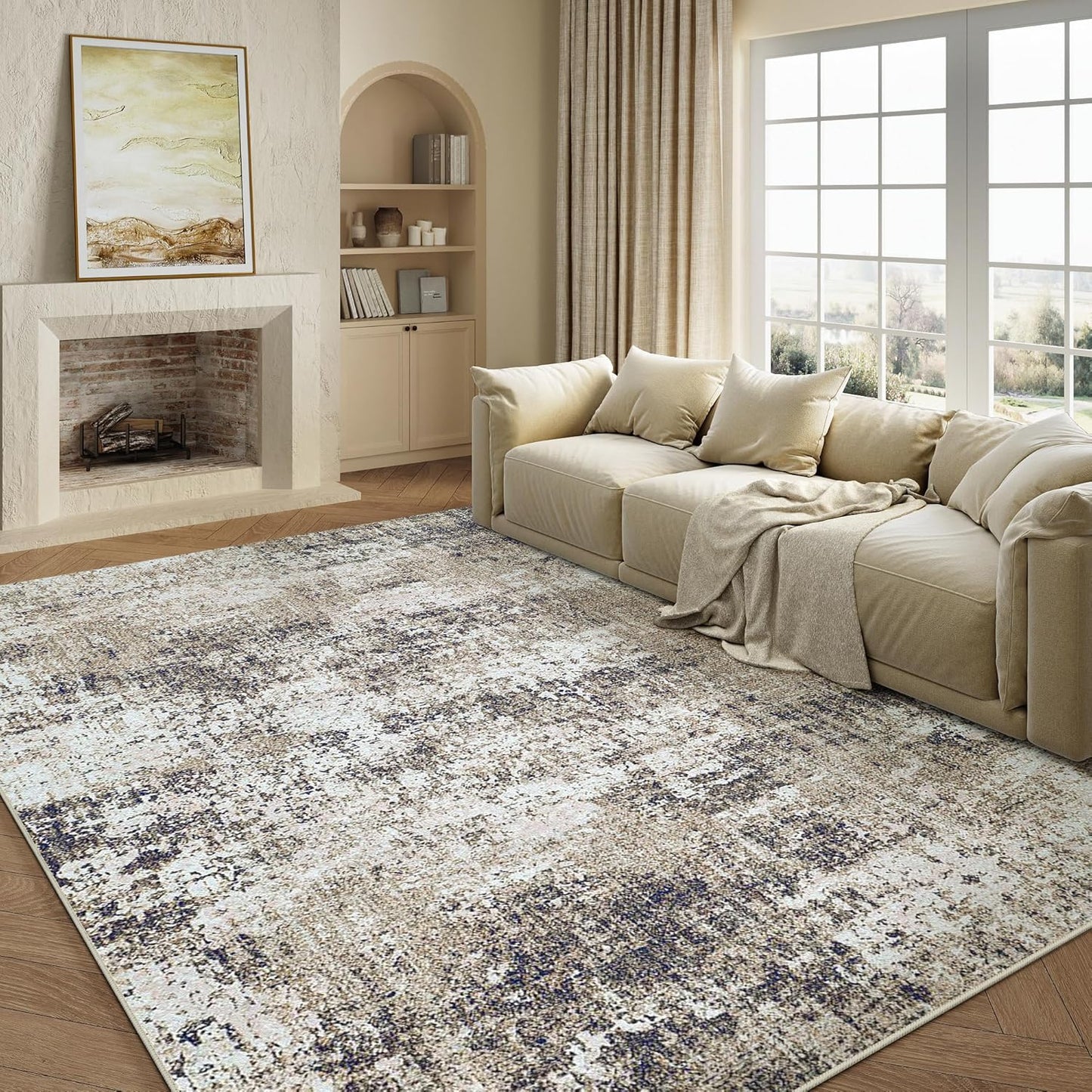 Washable Brown Area Rug 8x10 Modern Abstract Living Room Large Carpet Bedroom Neutral Soft Throw Rug Low Pile Non Slip Indoor Contemporary Floor Cover for Dining Room Office