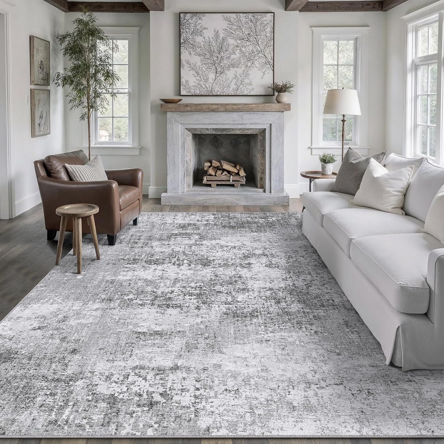 Washable Brown Area Rug 8x10 Modern Abstract Living Room Large Carpet Bedroom Neutral Soft Throw Rug Low Pile Non Slip Indoor Contemporary Floor Cover for Dining Room Office