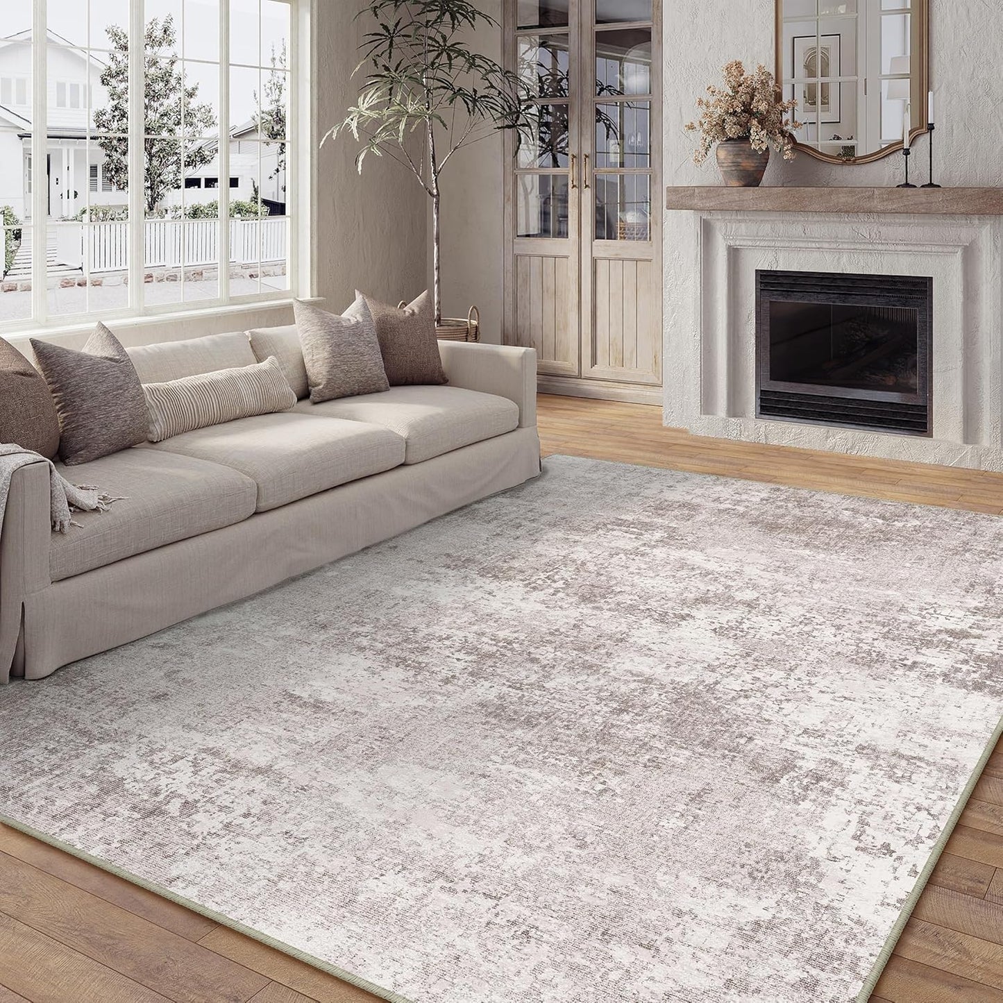 Washable Brown Area Rug 8x10 Modern Abstract Living Room Large Carpet Bedroom Neutral Soft Throw Rug Low Pile Non Slip Indoor Contemporary Floor Cover for Dining Room Office