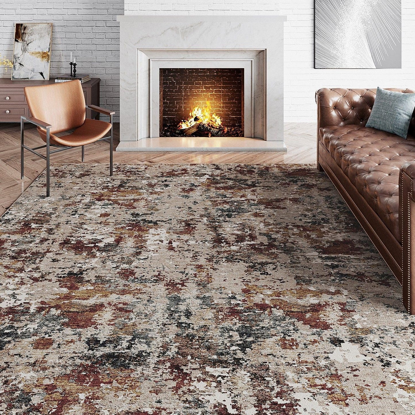 Washable Brown Area Rug 8x10 Modern Abstract Living Room Large Carpet Bedroom Neutral Soft Throw Rug Low Pile Non Slip Indoor Contemporary Floor Cover for Dining Room Office