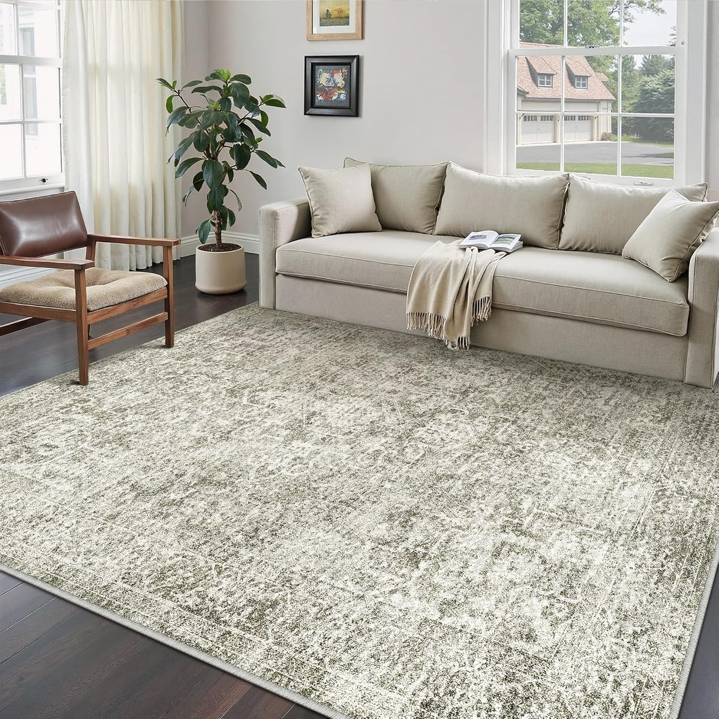 Washable Brown Area Rug 8x10 Modern Abstract Living Room Large Carpet Bedroom Neutral Soft Throw Rug Low Pile Non Slip Indoor Contemporary Floor Cover for Dining Room Office