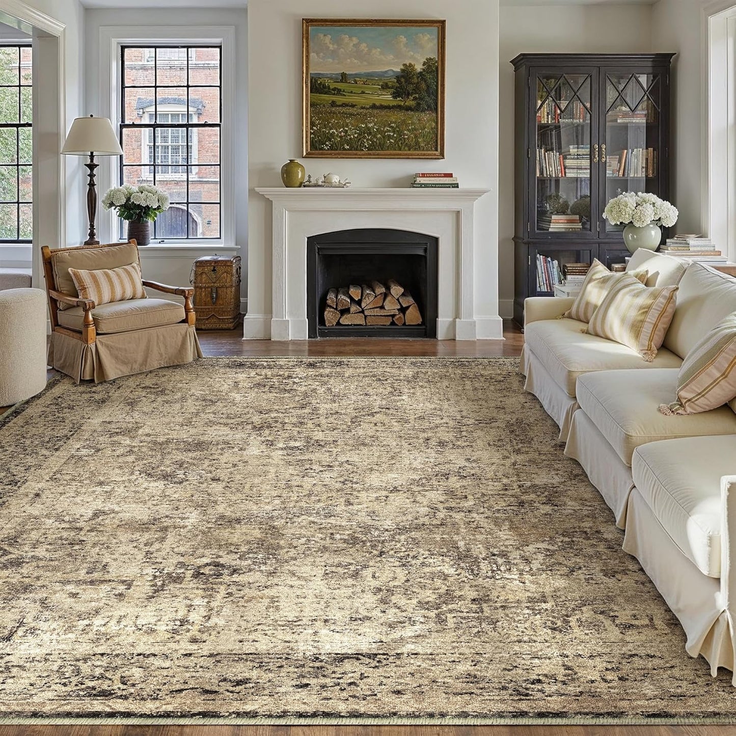 Washable Brown Area Rug 8x10 Modern Abstract Living Room Large Carpet Bedroom Neutral Soft Throw Rug Low Pile Non Slip Indoor Contemporary Floor Cover for Dining Room Office