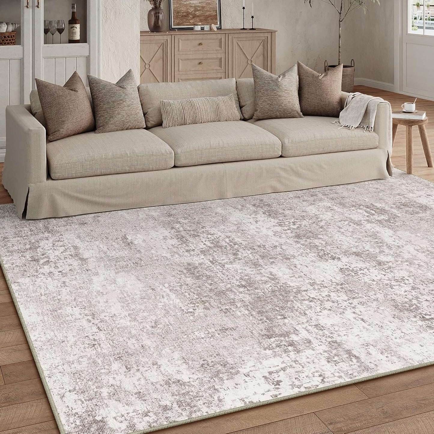 Washable Brown Area Rug 8x10 Modern Abstract Living Room Large Carpet Bedroom Neutral Soft Throw Rug Low Pile Non Slip Indoor Contemporary Floor Cover for Dining Room Office