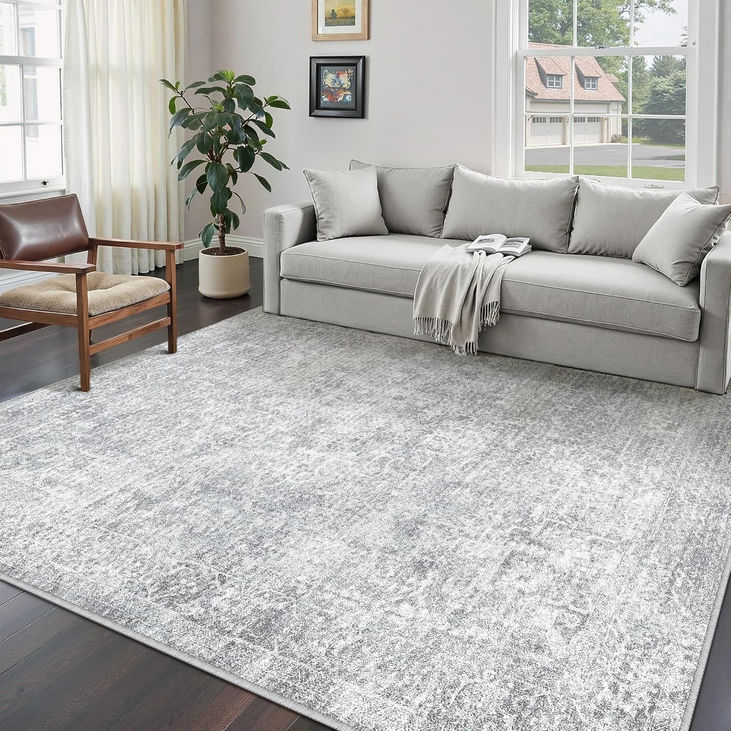 Washable Brown Area Rug 8x10 Modern Abstract Living Room Large Carpet Bedroom Neutral Soft Throw Rug Low Pile Non Slip Indoor Contemporary Floor Cover for Dining Room Office