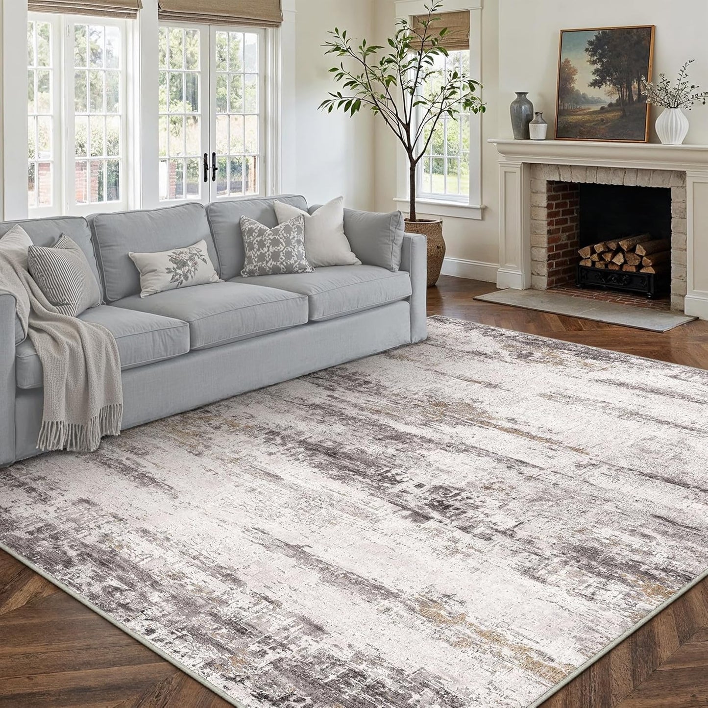 Washable Brown Area Rug 8x10 Modern Abstract Living Room Large Carpet Bedroom Neutral Soft Throw Rug Low Pile Non Slip Indoor Contemporary Floor Cover for Dining Room Office