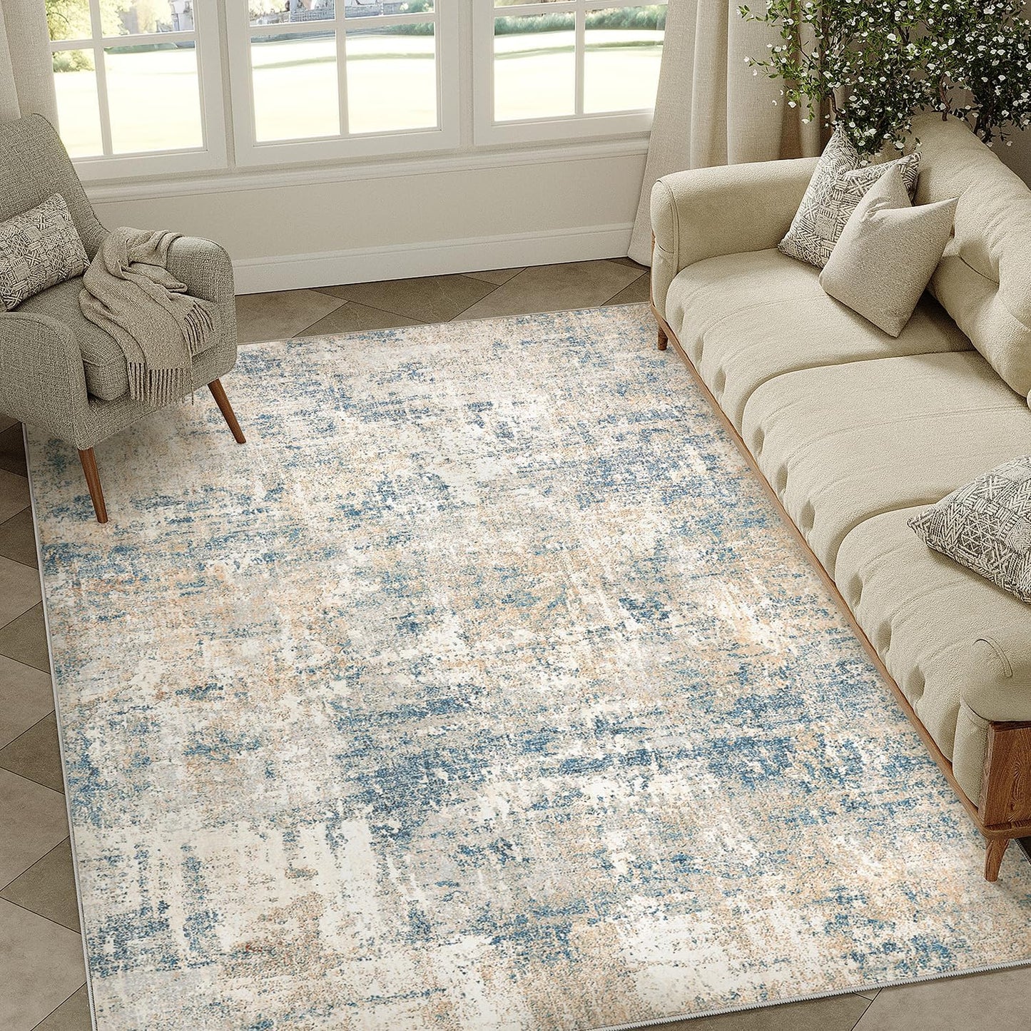 Washable Brown Area Rug 8x10 Modern Abstract Living Room Large Carpet Bedroom Neutral Soft Throw Rug Low Pile Non Slip Indoor Contemporary Floor Cover for Dining Room Office