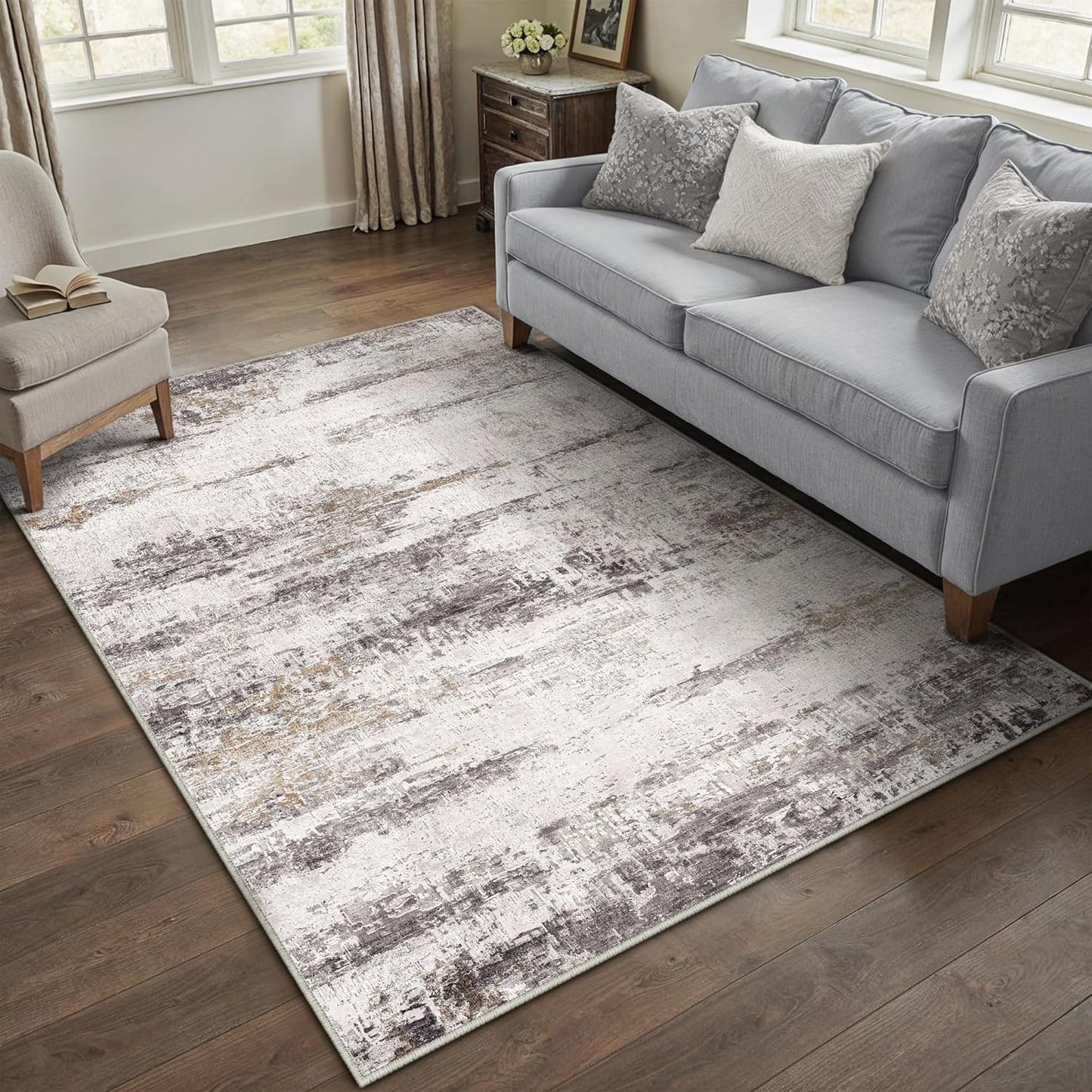 Washable Brown Area Rug 8x10 Modern Abstract Living Room Large Carpet Bedroom Neutral Soft Throw Rug Low Pile Non Slip Indoor Contemporary Floor Cover for Dining Room Office