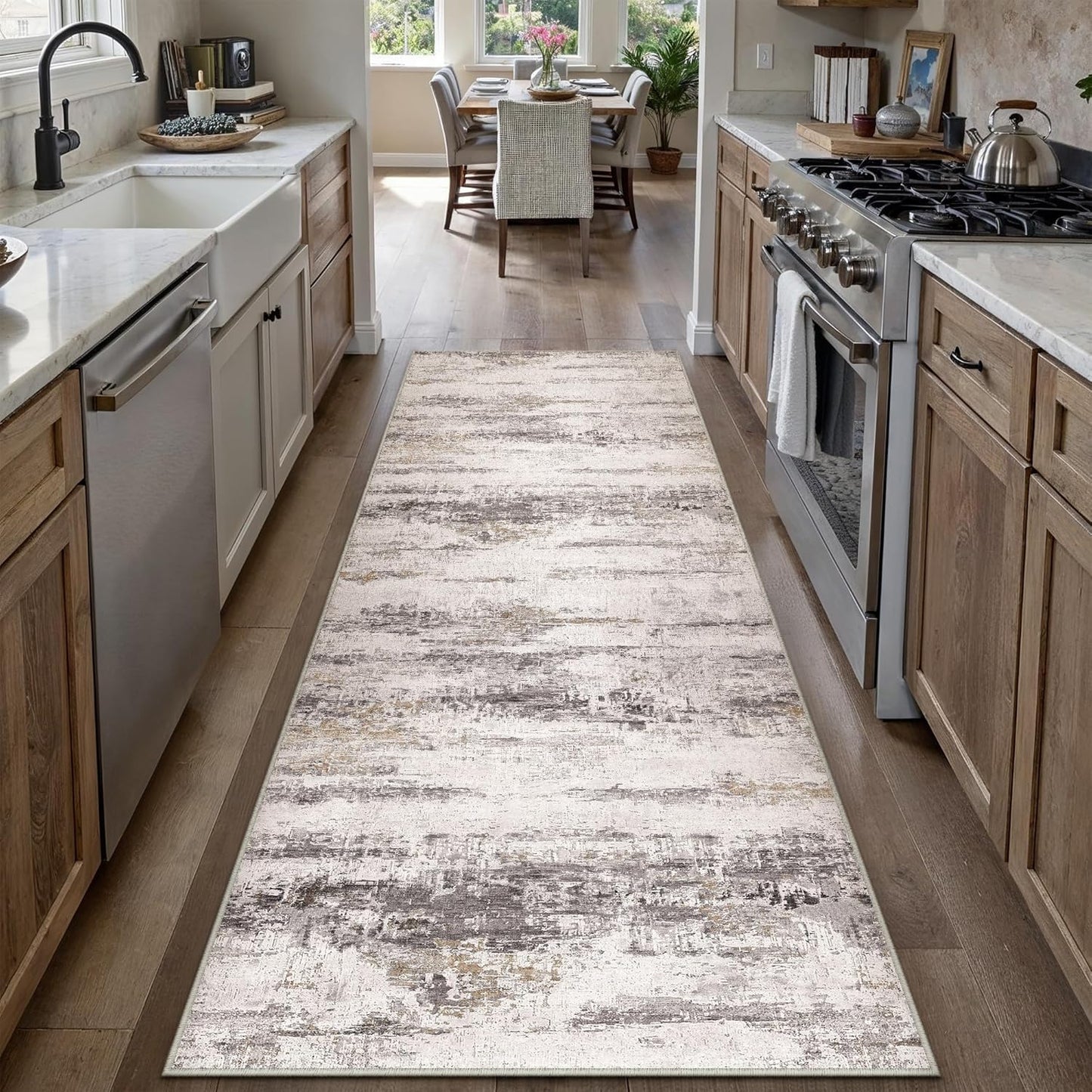 Washable Brown Area Rug 8x10 Modern Abstract Living Room Large Carpet Bedroom Neutral Soft Throw Rug Low Pile Non Slip Indoor Contemporary Floor Cover for Dining Room Office