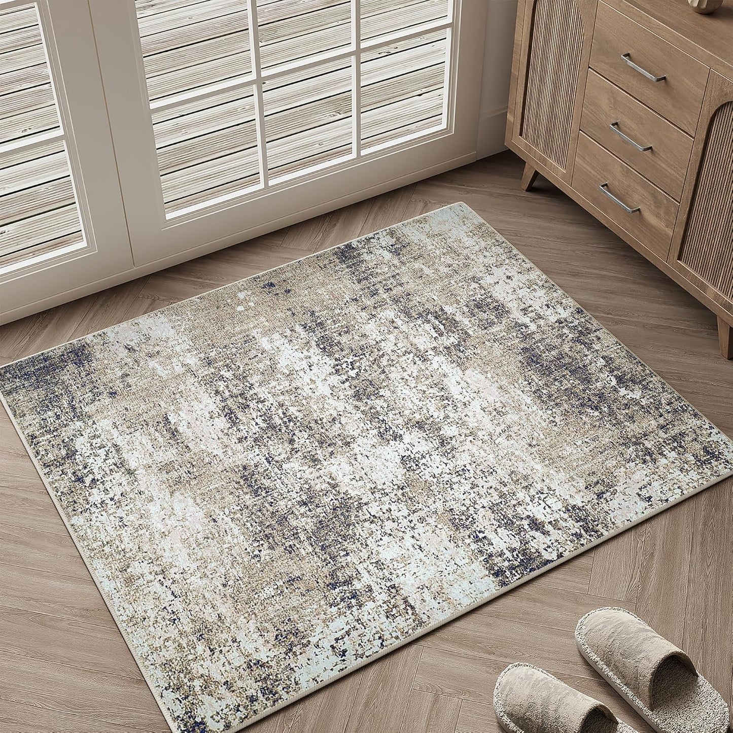 Washable Brown Area Rug 8x10 Modern Abstract Living Room Large Carpet Bedroom Neutral Soft Throw Rug Low Pile Non Slip Indoor Contemporary Floor Cover for Dining Room Office