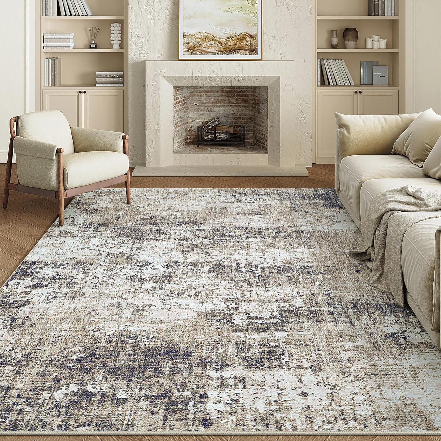 Washable Brown Area Rug 8x10 Modern Abstract Living Room Large Carpet Bedroom Neutral Soft Throw Rug Low Pile Non Slip Indoor Contemporary Floor Cover for Dining Room Office