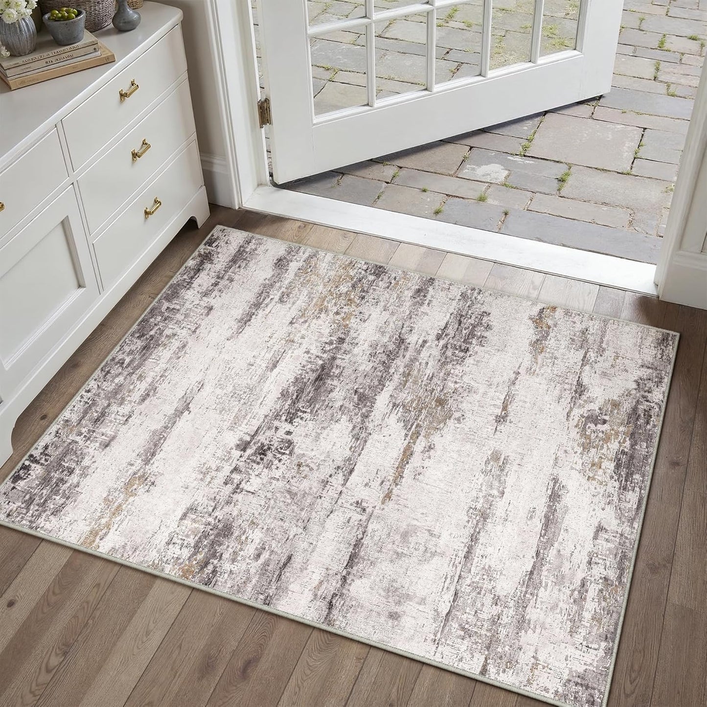 Washable Brown Area Rug 8x10 Modern Abstract Living Room Large Carpet Bedroom Neutral Soft Throw Rug Low Pile Non Slip Indoor Contemporary Floor Cover for Dining Room Office
