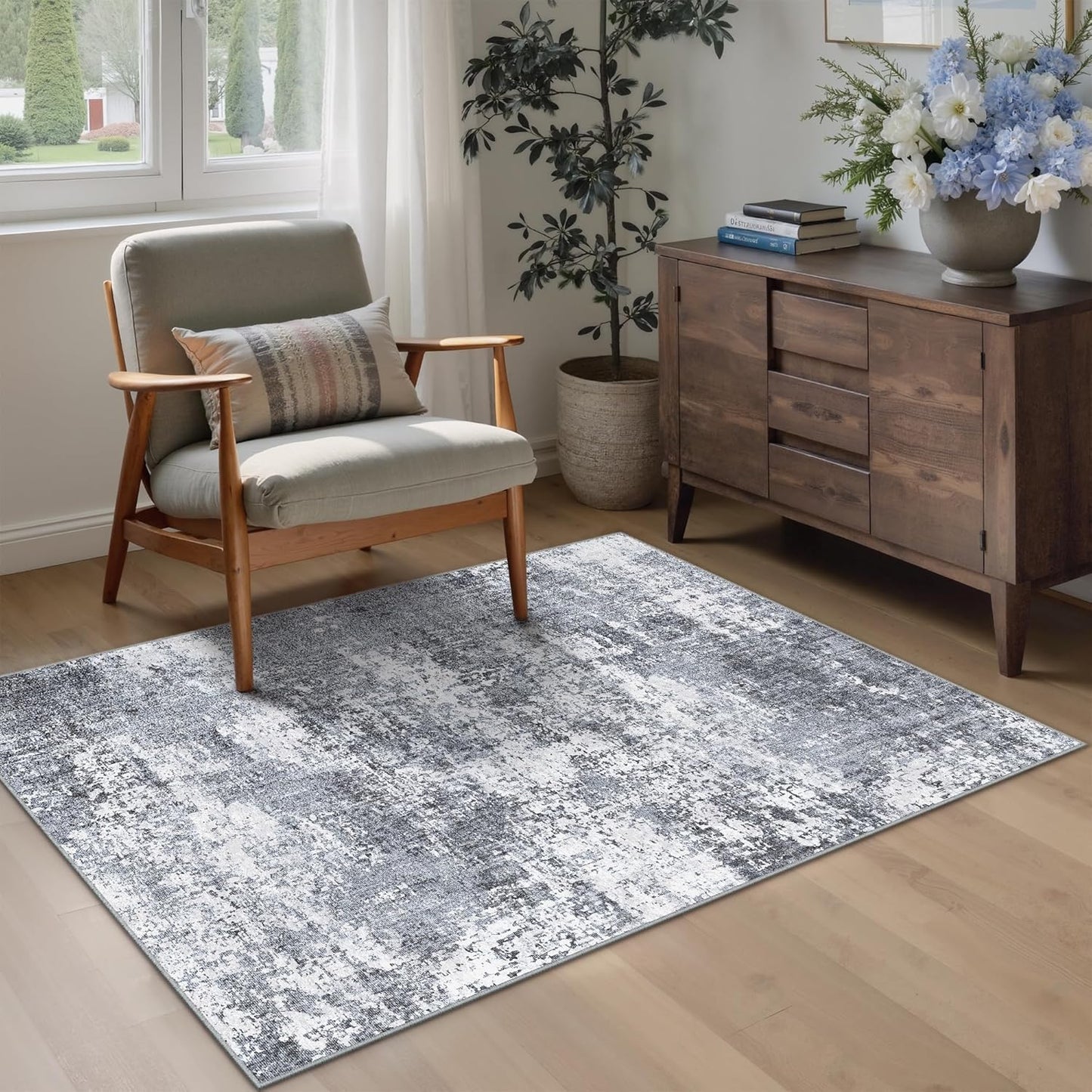 Washable Brown Area Rug 8x10 Modern Abstract Living Room Large Carpet Bedroom Neutral Soft Throw Rug Low Pile Non Slip Indoor Contemporary Floor Cover for Dining Room Office