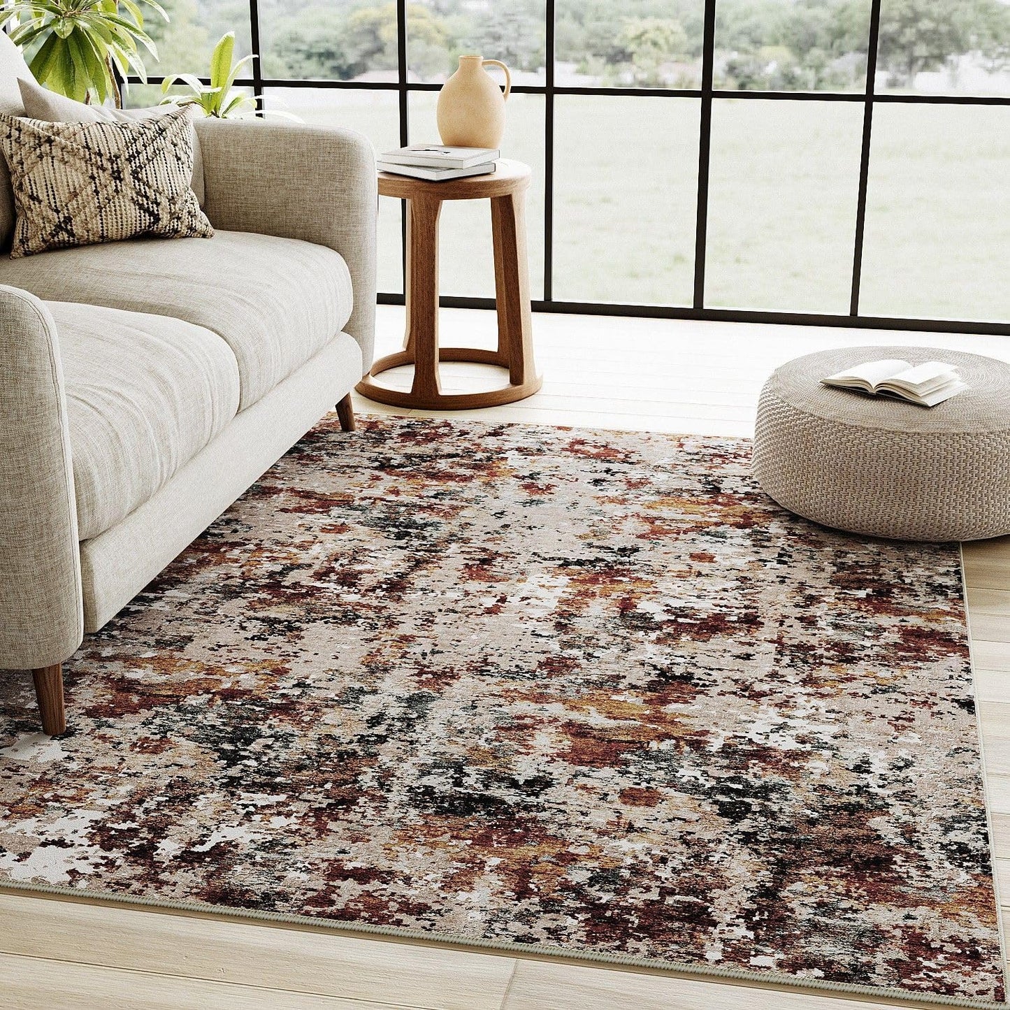 Washable Brown Area Rug 8x10 Modern Abstract Living Room Large Carpet Bedroom Neutral Soft Throw Rug Low Pile Non Slip Indoor Contemporary Floor Cover for Dining Room Office