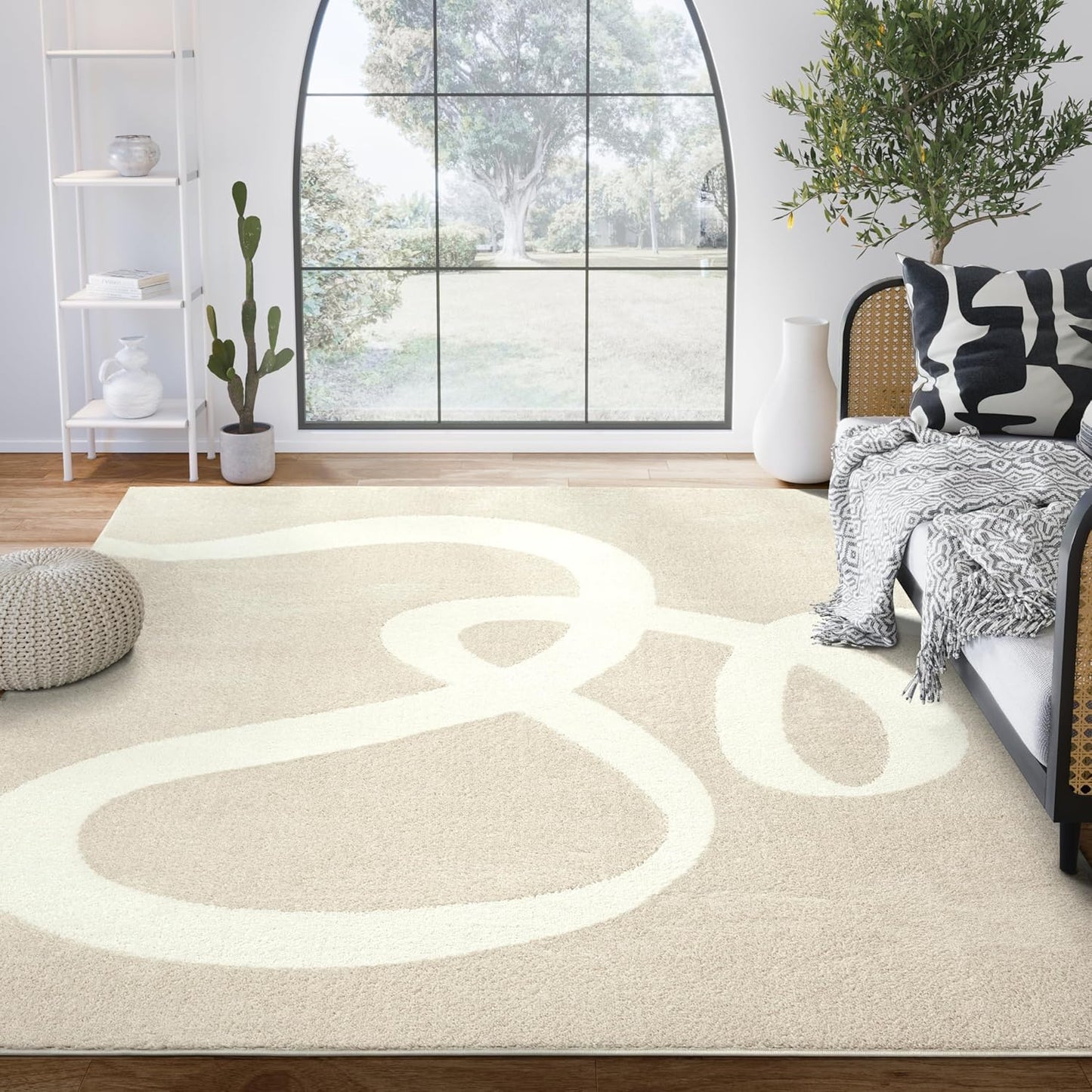 Abani Abstract Beige/Black Area Rug - 6'x9' - Modern Curved Line Design - Deco Collection - Easy to Clean - Durable for High Traffic Areas - Bedroom, Office & Kitchen - Medium Pile