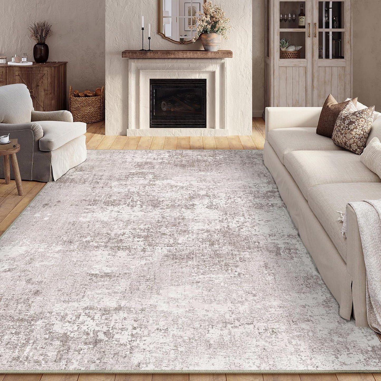 Washable Brown Area Rug 8x10 Modern Abstract Living Room Large Carpet Bedroom Neutral Soft Throw Rug Low Pile Non Slip Indoor Contemporary Floor Cover for Dining Room Office