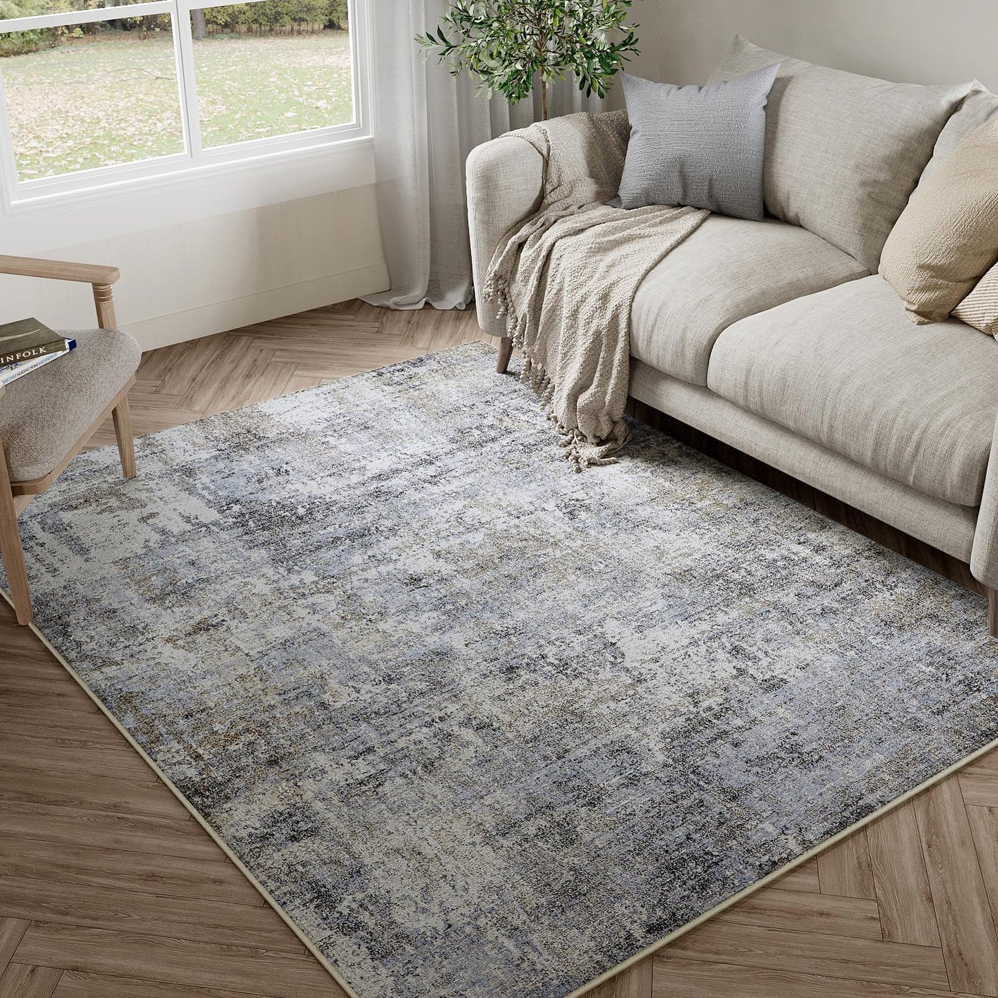 Washable Brown Area Rug 8x10 Modern Abstract Living Room Large Carpet Bedroom Neutral Soft Throw Rug Low Pile Non Slip Indoor Contemporary Floor Cover for Dining Room Office