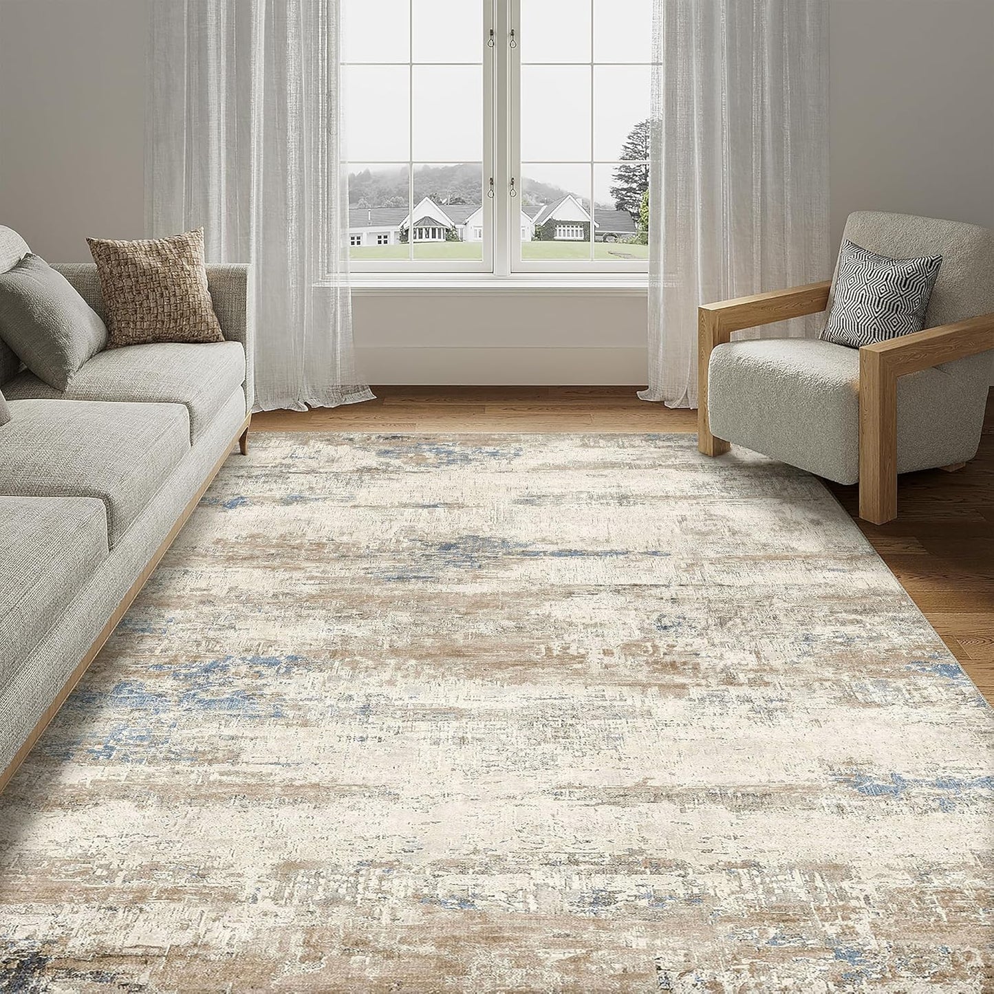 Washable Brown Area Rug 8x10 Modern Abstract Living Room Large Carpet Bedroom Neutral Soft Throw Rug Low Pile Non Slip Indoor Contemporary Floor Cover for Dining Room Office