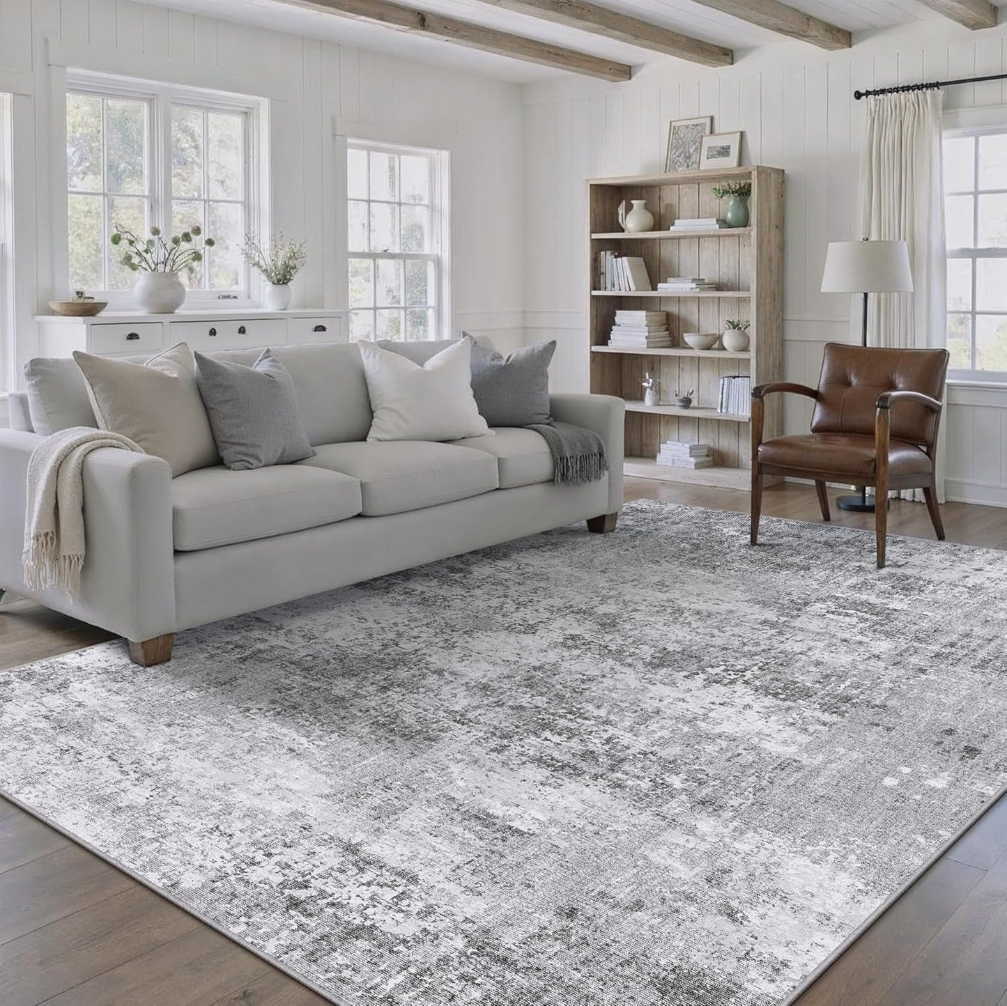 Washable Brown Area Rug 8x10 Modern Abstract Living Room Large Carpet Bedroom Neutral Soft Throw Rug Low Pile Non Slip Indoor Contemporary Floor Cover for Dining Room Office