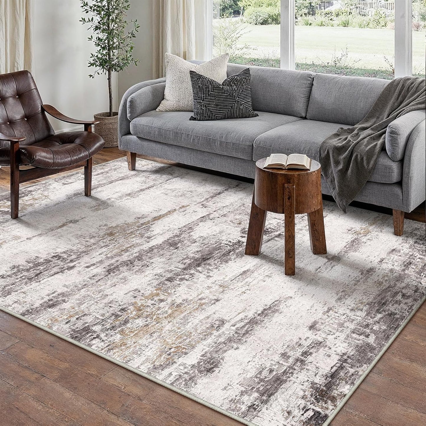 Washable Brown Area Rug 8x10 Modern Abstract Living Room Large Carpet Bedroom Neutral Soft Throw Rug Low Pile Non Slip Indoor Contemporary Floor Cover for Dining Room Office