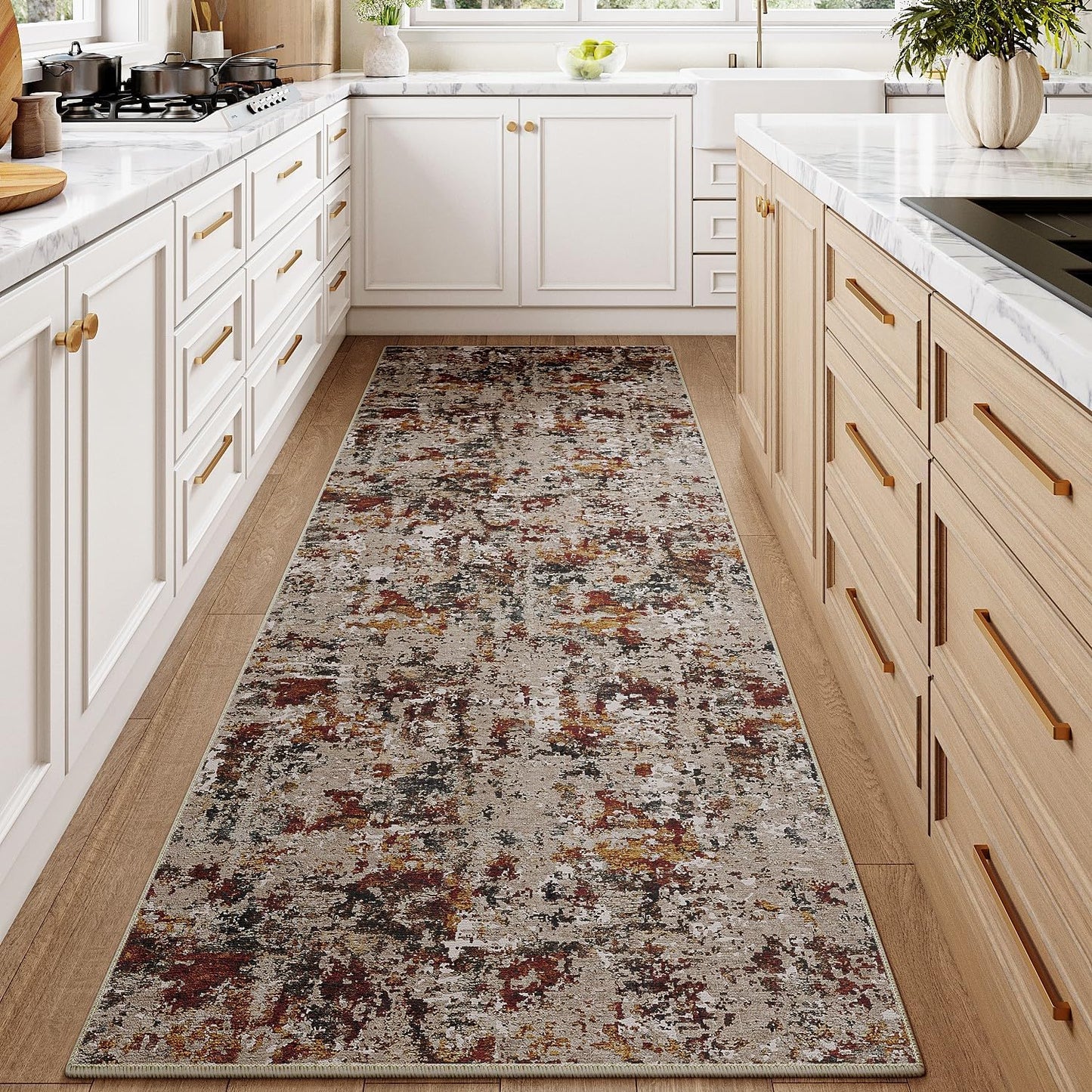Washable Brown Area Rug 8x10 Modern Abstract Living Room Large Carpet Bedroom Neutral Soft Throw Rug Low Pile Non Slip Indoor Contemporary Floor Cover for Dining Room Office