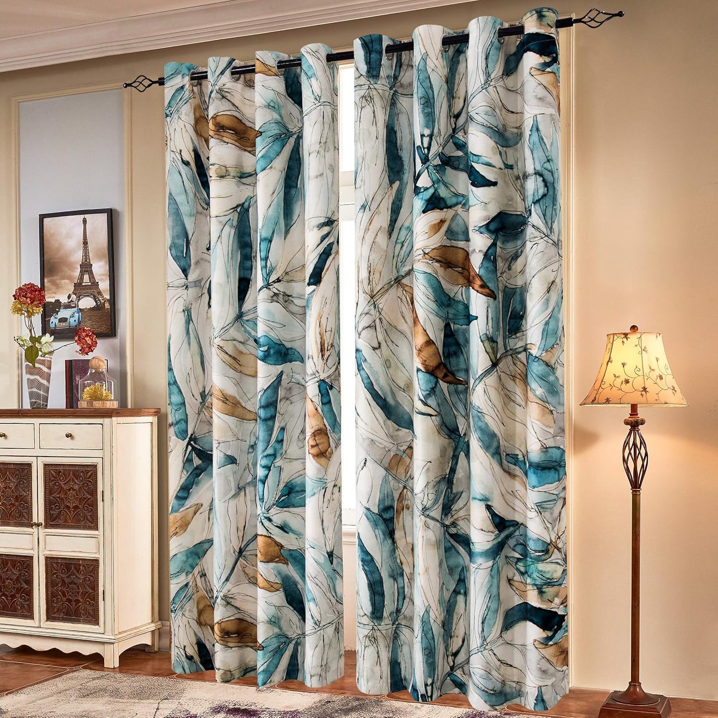 SUBRTEX Light Flitering Curtains 52Wx84L, Room Darkening Vibrant Floral Drapes, 50% Blackout, Semi Sheer Boho Farmhouse Curtains for Living Room, Brown