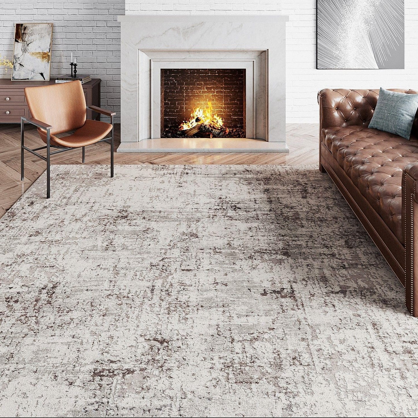 Washable Brown Area Rug 8x10 Modern Abstract Living Room Large Carpet Bedroom Neutral Soft Throw Rug Low Pile Non Slip Indoor Contemporary Floor Cover for Dining Room Office