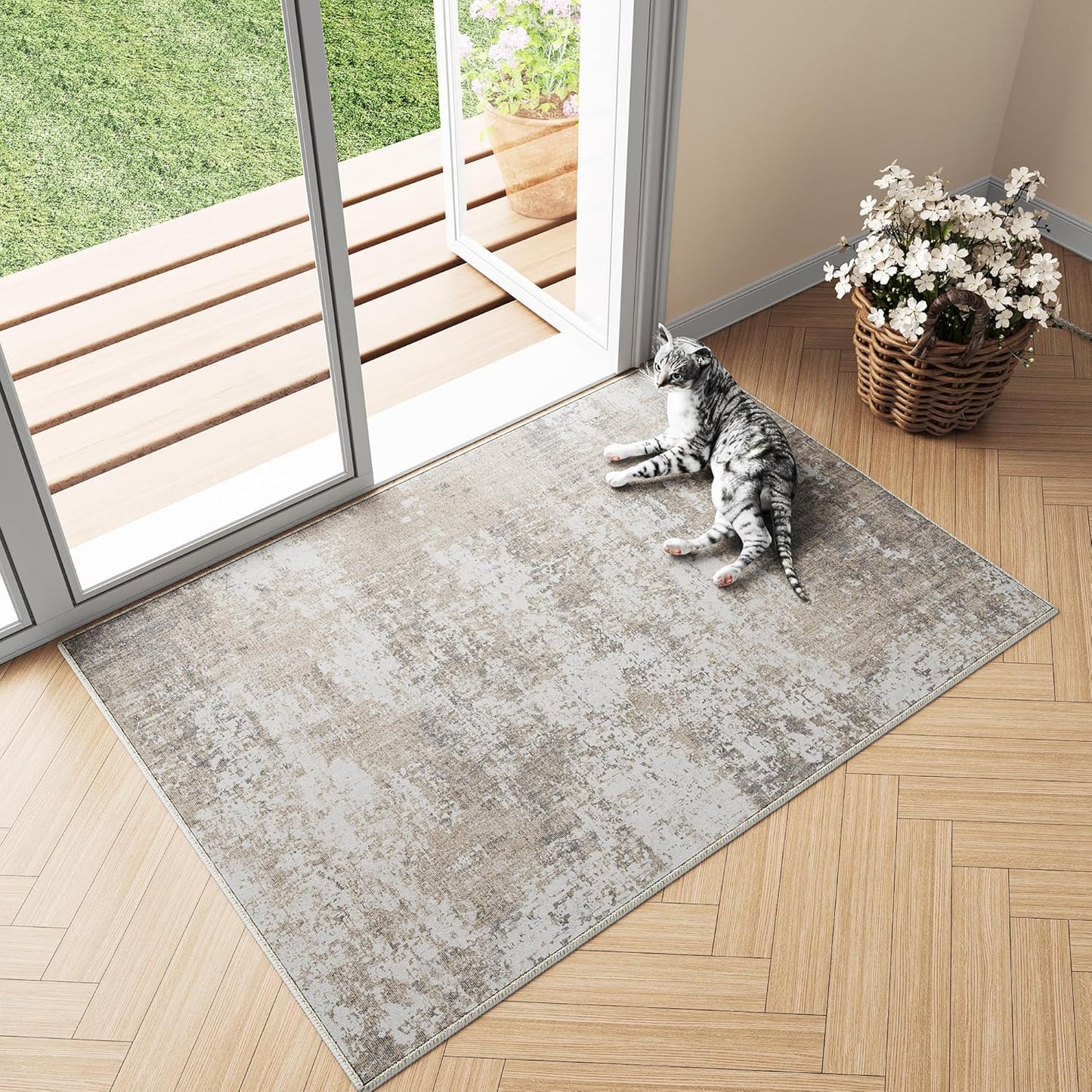 Washable Brown Area Rug 8x10 Modern Abstract Living Room Large Carpet Bedroom Neutral Soft Throw Rug Low Pile Non Slip Indoor Contemporary Floor Cover for Dining Room Office