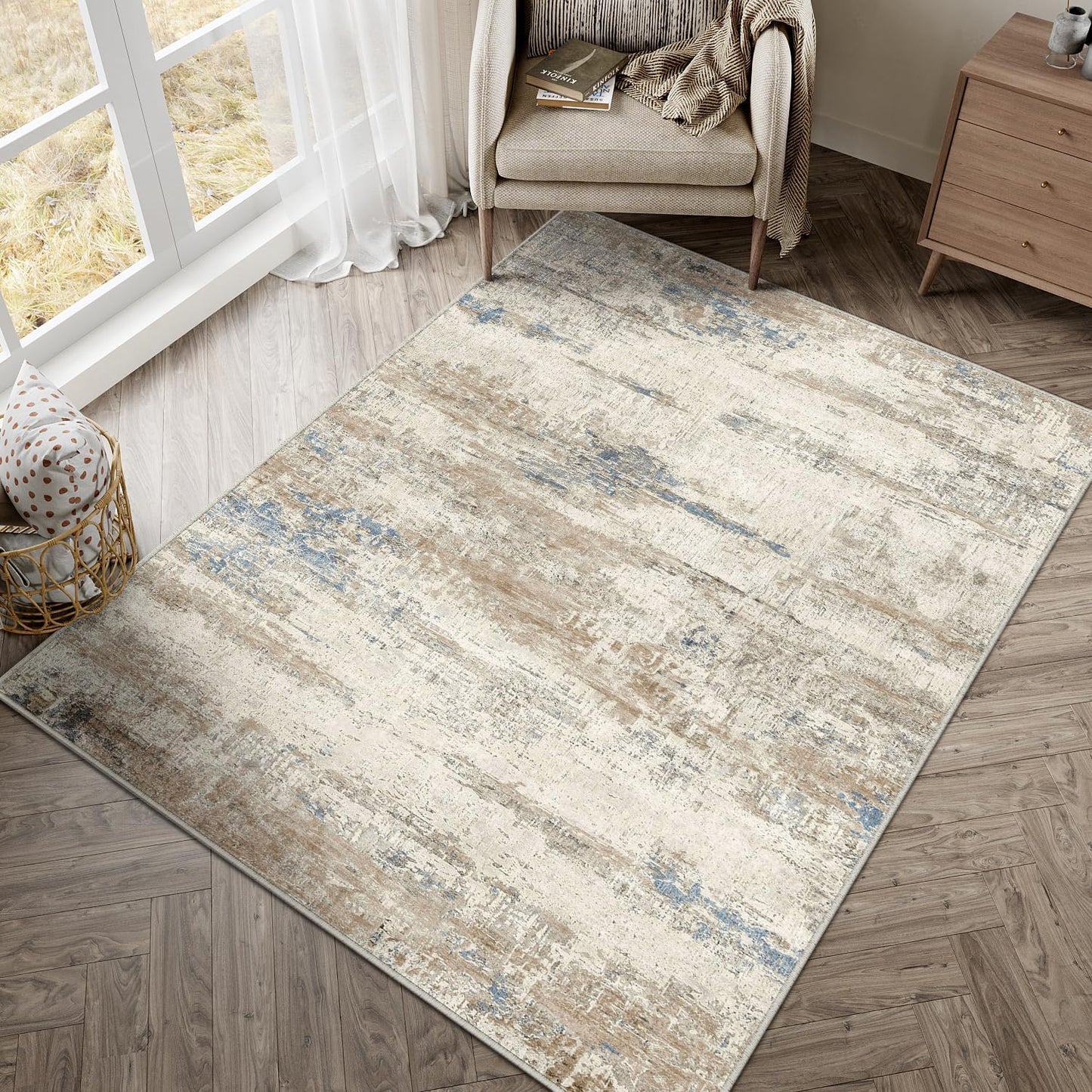 Washable Brown Area Rug 8x10 Modern Abstract Living Room Large Carpet Bedroom Neutral Soft Throw Rug Low Pile Non Slip Indoor Contemporary Floor Cover for Dining Room Office
