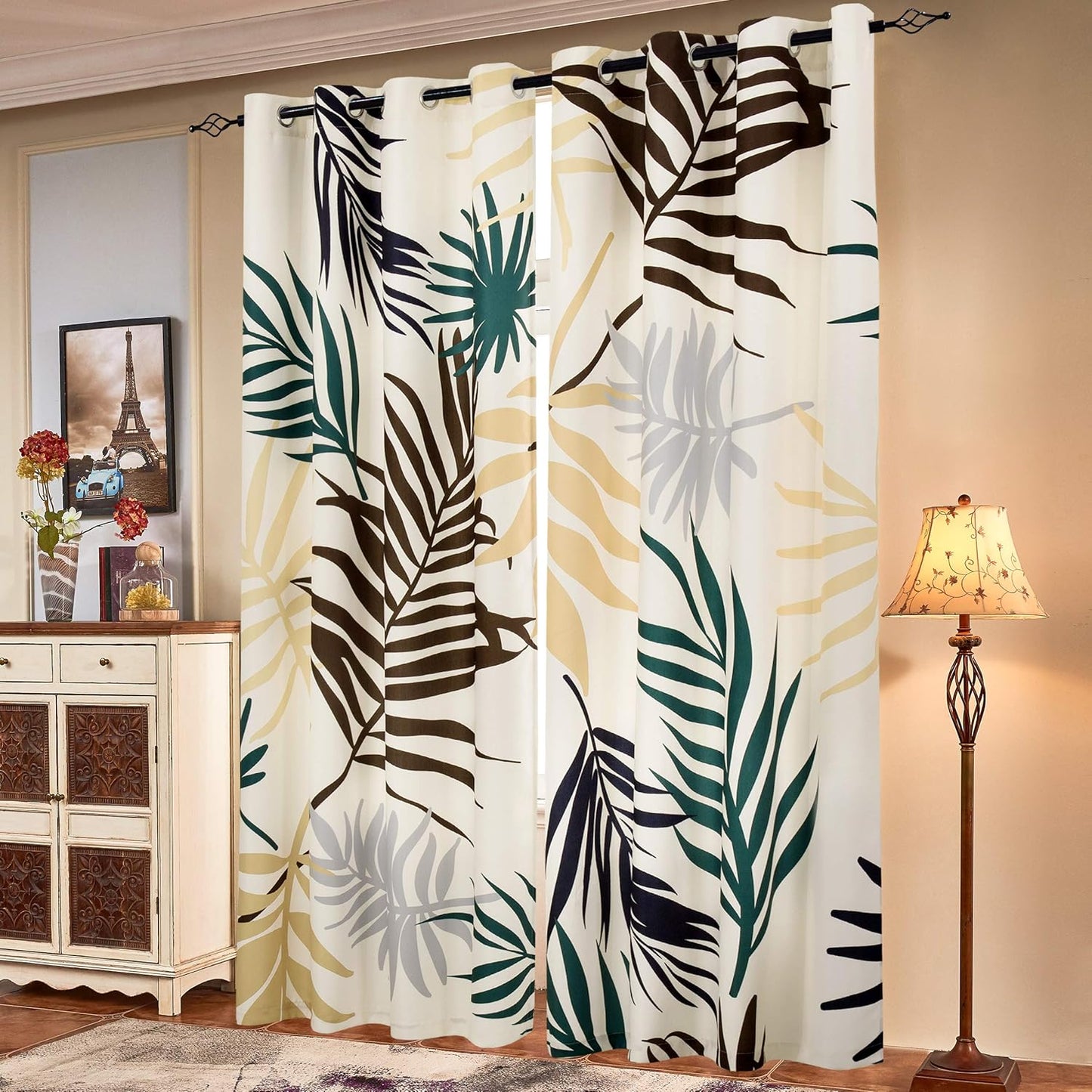 SUBRTEX Light Flitering Curtains 52Wx84L, Room Darkening Vibrant Floral Drapes, 50% Blackout, Semi Sheer Boho Farmhouse Curtains for Living Room, Brown