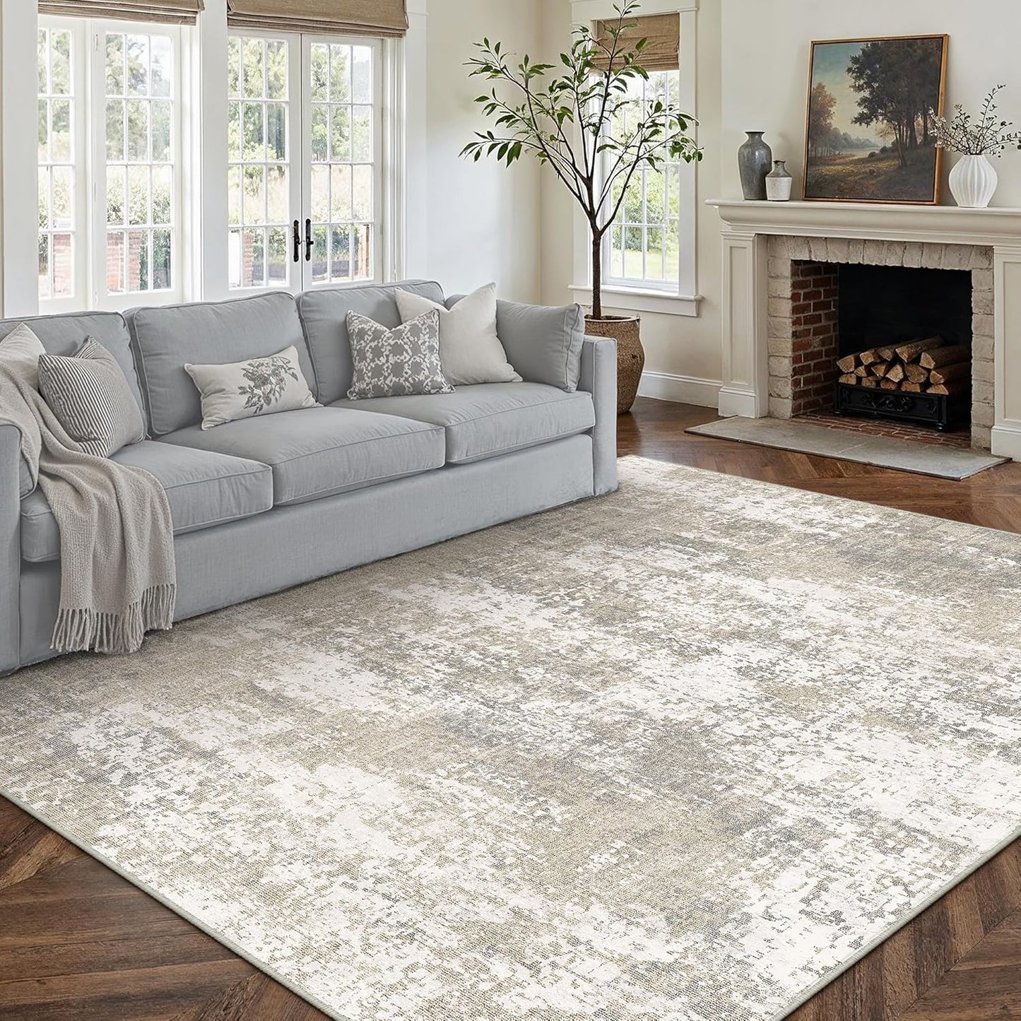 Washable Brown Area Rug 8x10 Modern Abstract Living Room Large Carpet Bedroom Neutral Soft Throw Rug Low Pile Non Slip Indoor Contemporary Floor Cover for Dining Room Office
