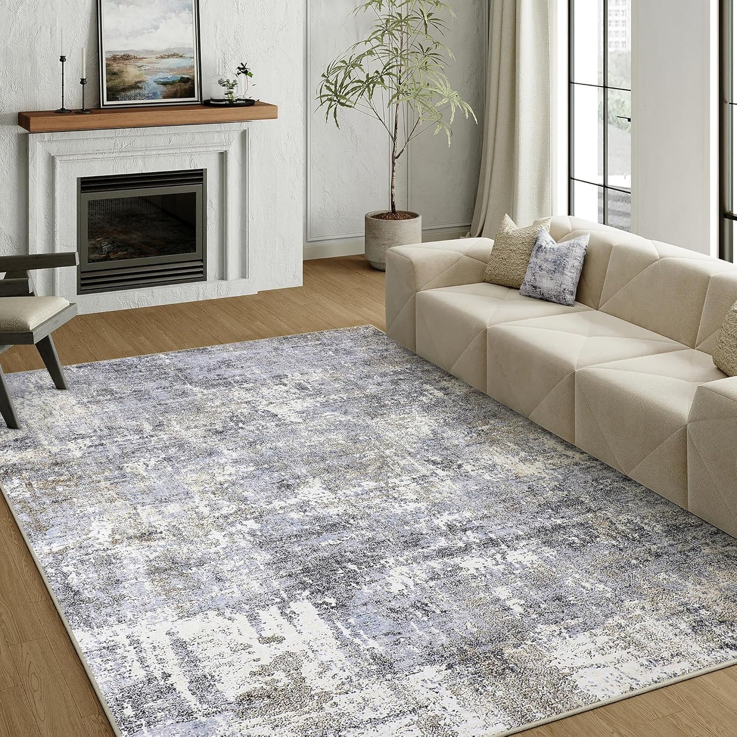 Washable Brown Area Rug 8x10 Modern Abstract Living Room Large Carpet Bedroom Neutral Soft Throw Rug Low Pile Non Slip Indoor Contemporary Floor Cover for Dining Room Office