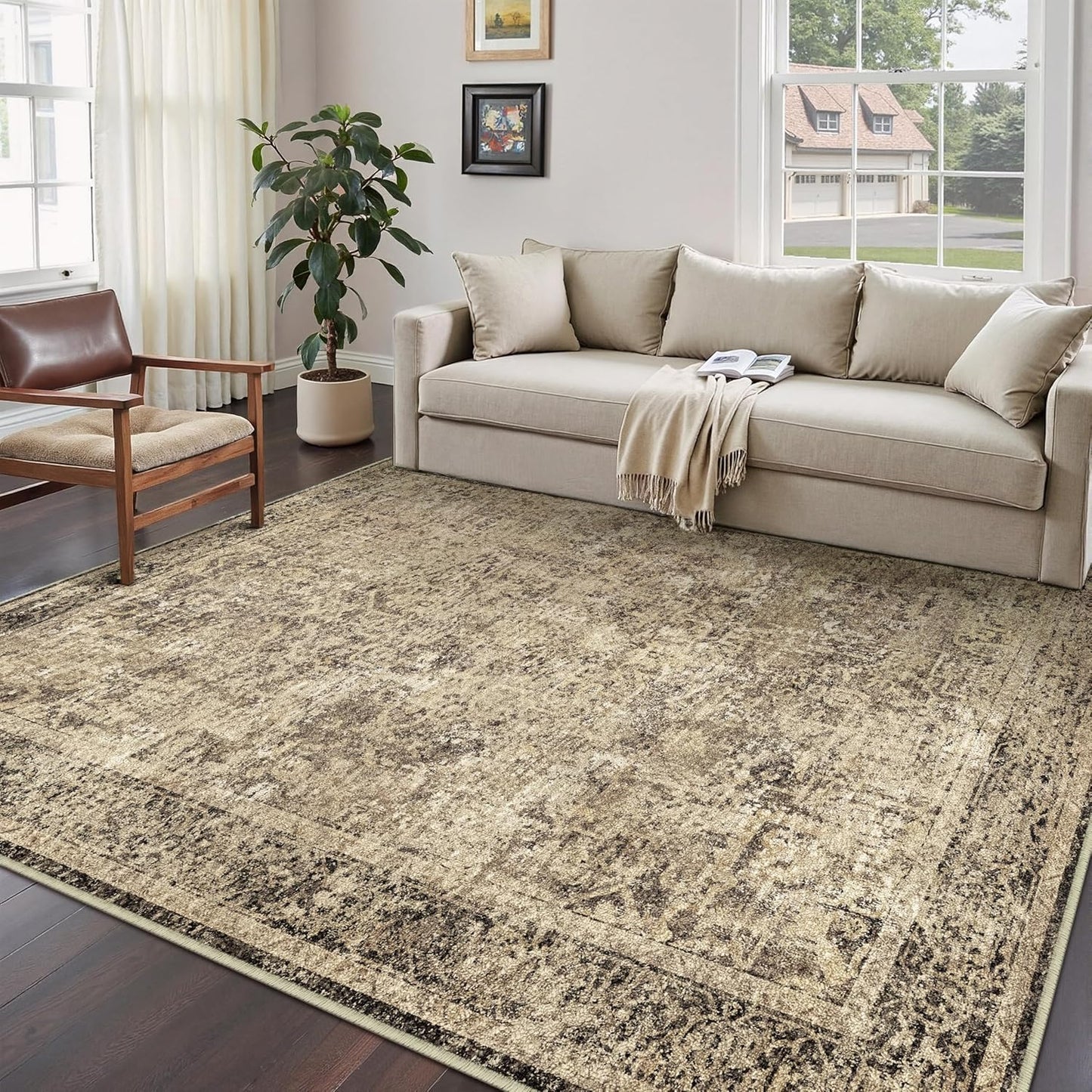 Washable Brown Area Rug 8x10 Modern Abstract Living Room Large Carpet Bedroom Neutral Soft Throw Rug Low Pile Non Slip Indoor Contemporary Floor Cover for Dining Room Office
