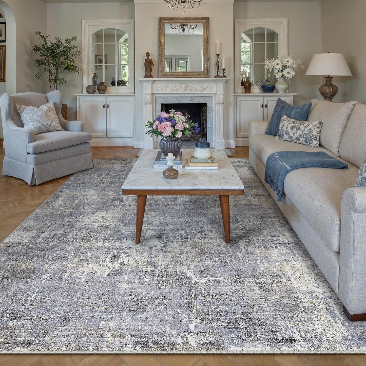 Washable Brown Area Rug 8x10 Modern Abstract Living Room Large Carpet Bedroom Neutral Soft Throw Rug Low Pile Non Slip Indoor Contemporary Floor Cover for Dining Room Office